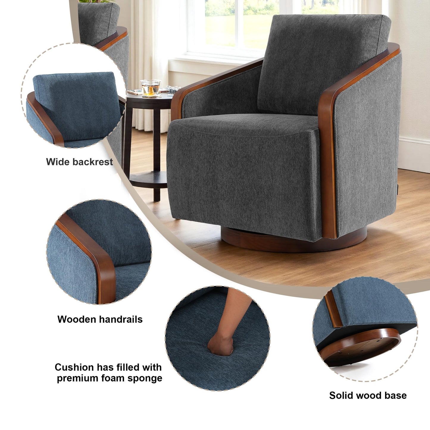 360° Swivel Barrel Chairs Set of 2, Upholstered Swivel Round Barrel Chair, Comfy Chenille Fabric Single Club Armchair Accent Chair for Living Room, Reading Room, Bedroom, Beige Brown