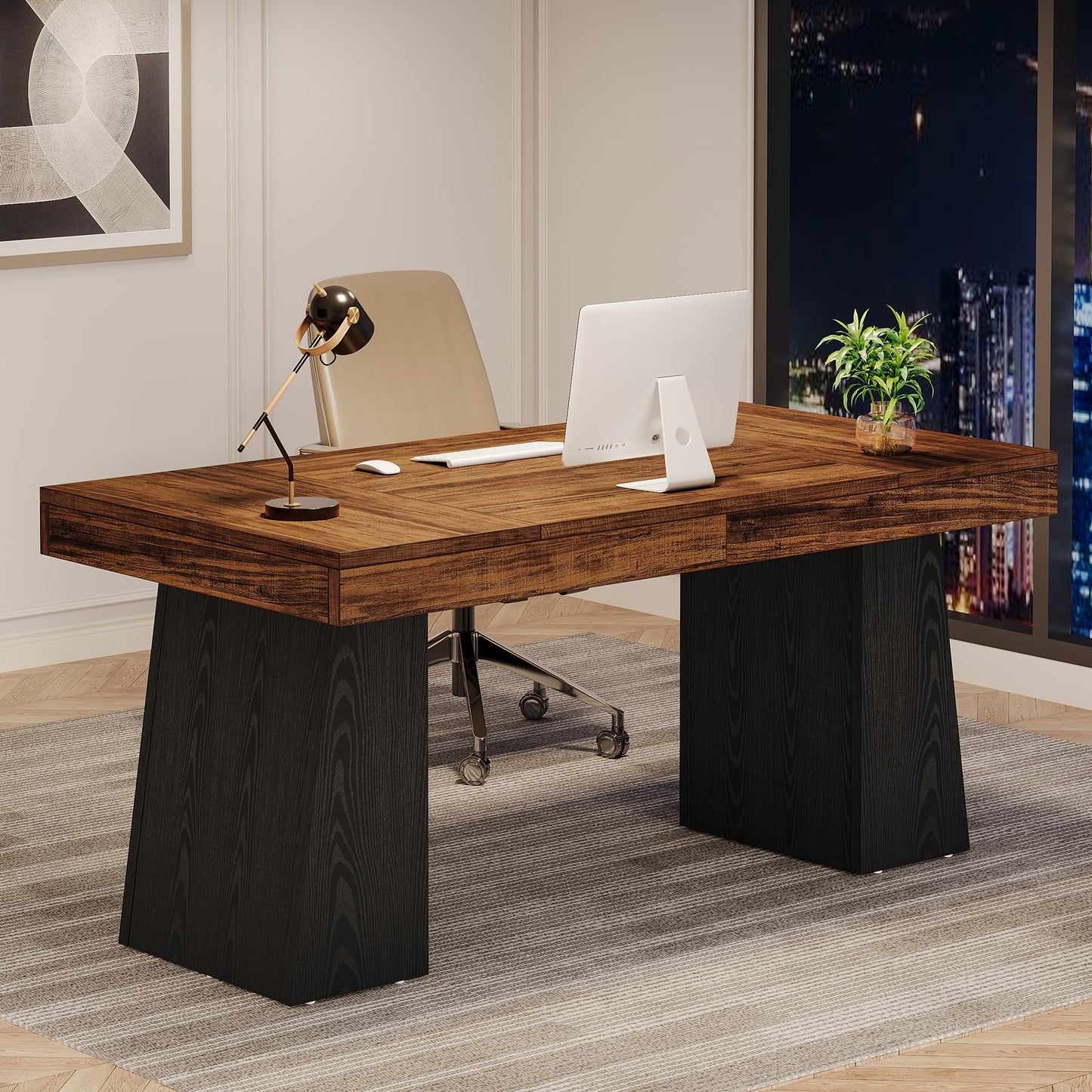 Tribesigns 55 Inches Executive Desk, Mid-Century Modern Home Office Desk, Wood MDF Computer Table Business Workstation Small Conference Table, Light Brown