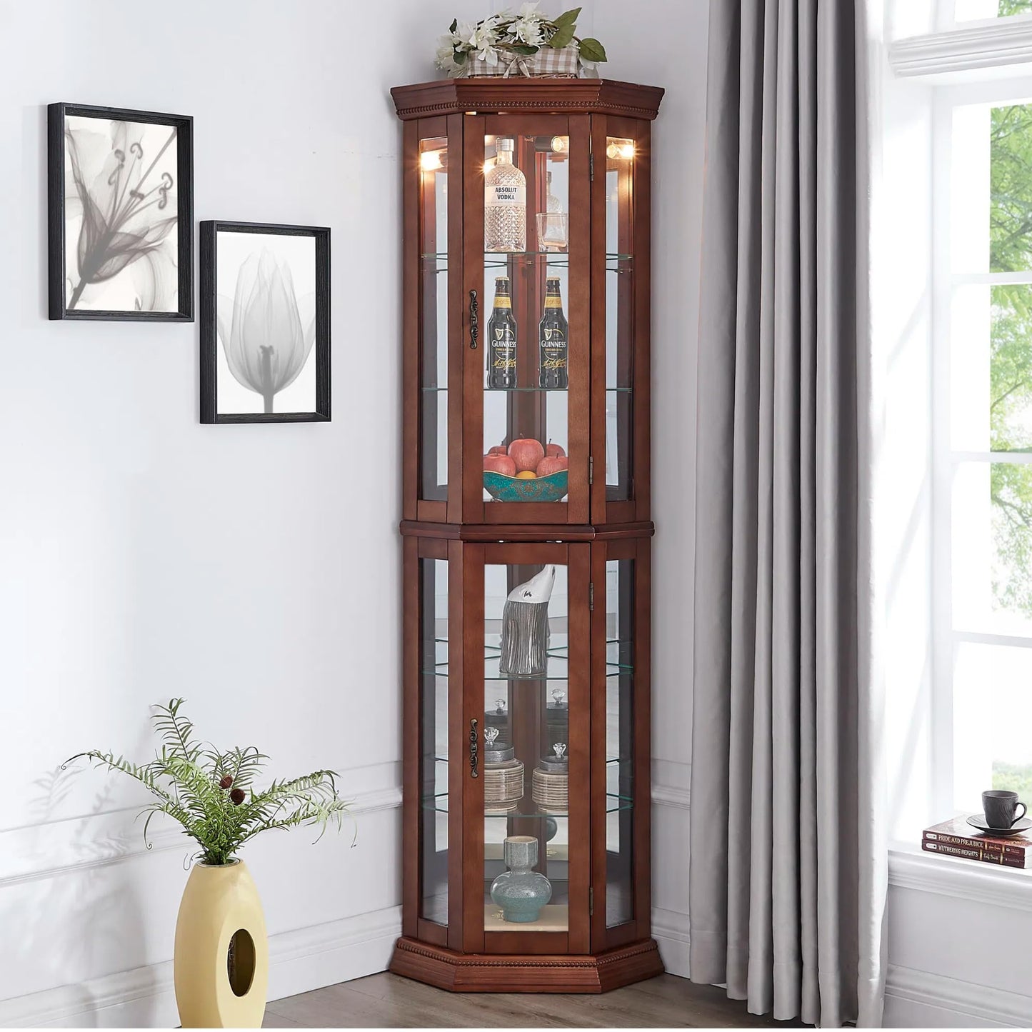 LKTART Curio Glass Display Cabinet, 70" Tall Corner Storage Cabinet with Lights and Mirrored Back Panel,China Cabinet with Tempered Glass Doors and Shelves(Walnut)