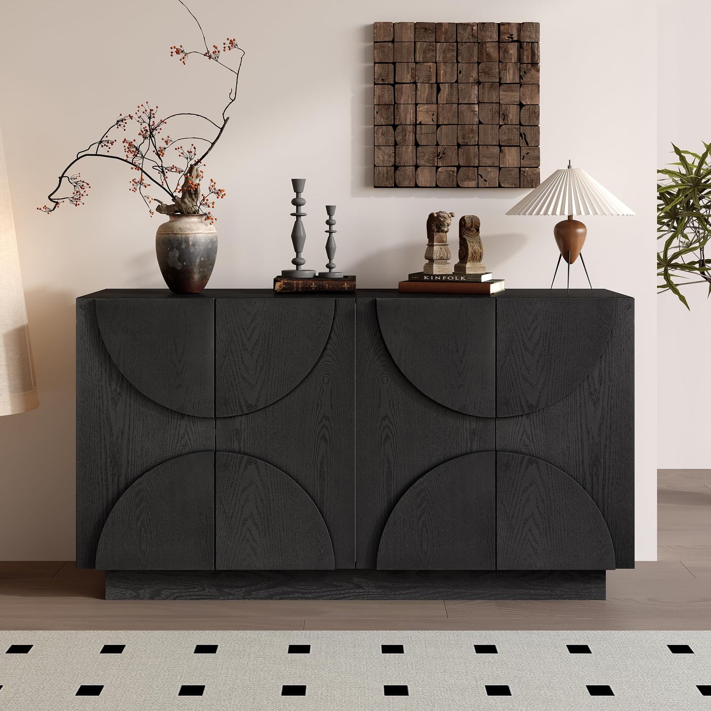 LKTART 40" Sideboard Buffet Accent Storage Cabinet with Carved Pattern Side Board Solid Wood Frame for Kitchen, Living Room, Entryway,Hallway (Blue+Brown)