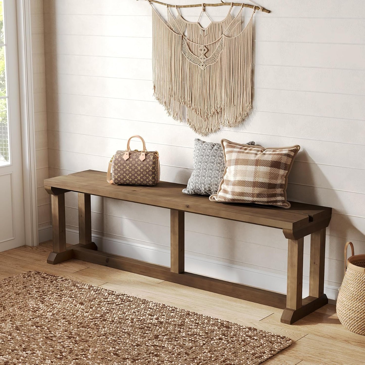 Solid Wood Shoe Bench, 59" Farmhouse Entryway Bench, Narrow Rustic Bed Seat for Bedroom, Entryway, Hallway, Living Room, Rustic Brown