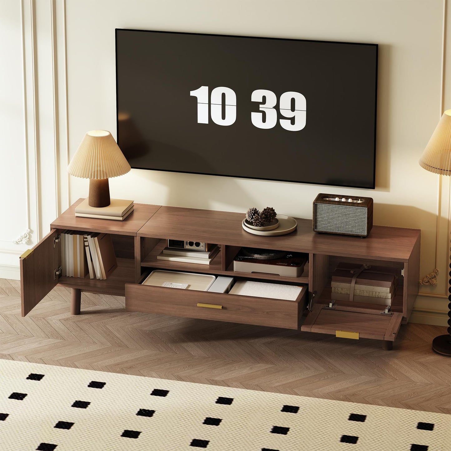 LKTART 67" Mid Century Modern TV Stand for 65/70/75/80" TVs,Entertainment Center with Sliding Doors and Drawers,Media Console for Living Room