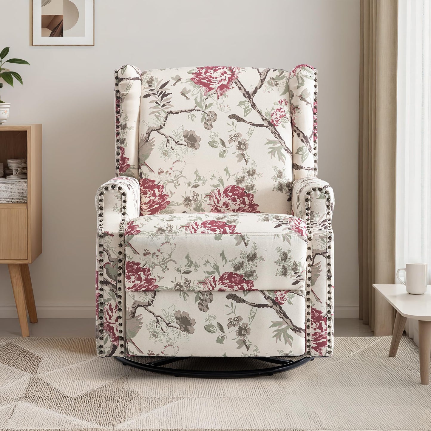 Swivel Rocker Recliner Chair, 360° Swivel Wingback Recliner Chairs for Adults, Upholstered Printed Fabric Glider Rocking Chair with High Back, Deep Seat for Living Romm Bedroom, Bird