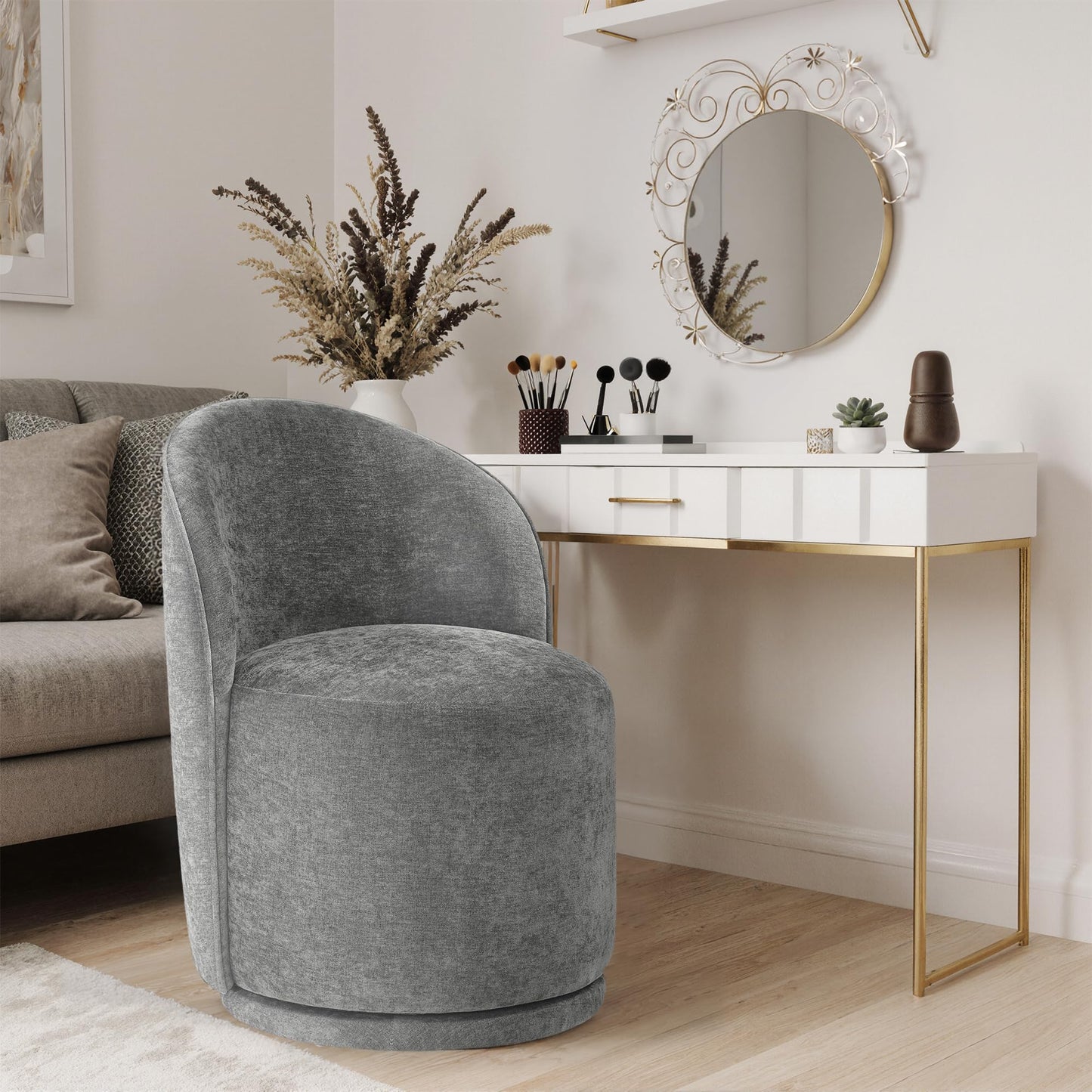 Swivel Barrel Dining Chairs Set of 2, Faux Leather Upholstered Round Dining Chairs, 360° Swivel Vanity Chair Comfy Armless Accent Makeup Chair for Dining/Living Room Makeup Room, Brown