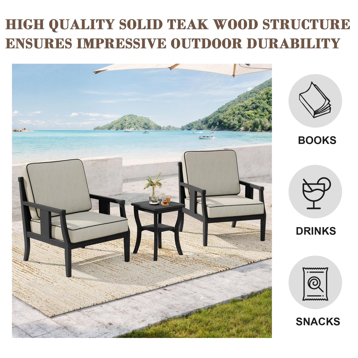Outdoor Patio Armchairs Set of 2, All-Weather Solid Wood Patio Furniture Sets, Outdoor Sofa Chairs with Washable Thick Cushions for Porch, Balcony, Deck, Black Frame & Gray Cushion