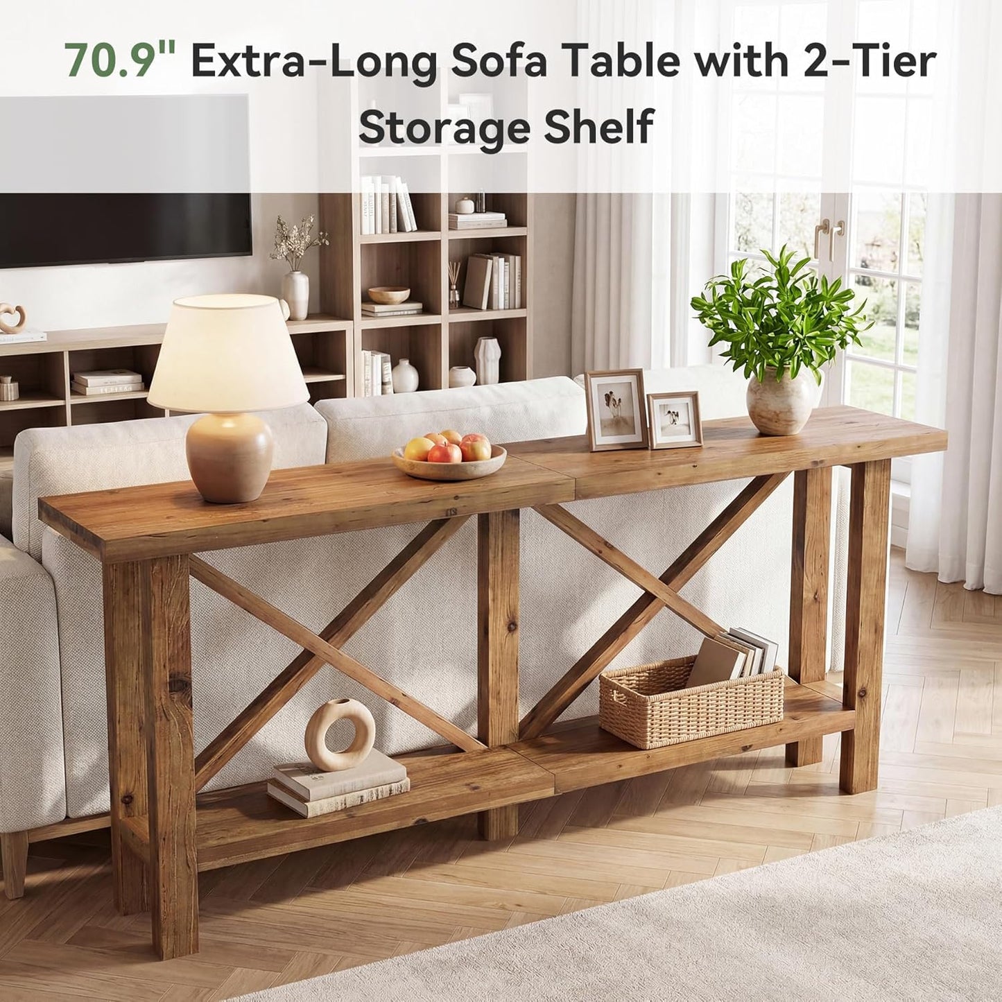 Solid Wood Console Table, 70.9-Inch Long Narrow Entryway Table with Storage, 2-Tier Farmhouse Sofa Console Behind Couch for Hallway, Foyer, Living Room, Entrance, Rustic Brown