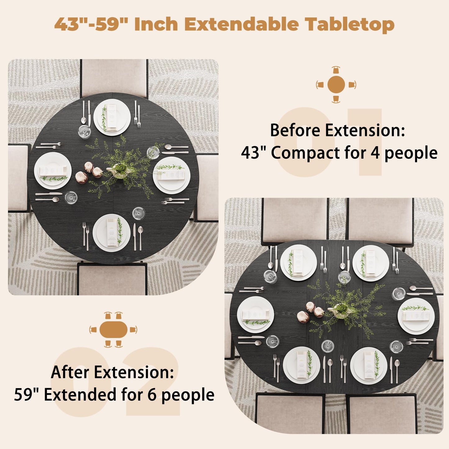 Epecoya 59-Inch Extendable Round to Oval Pedestal Dining Table, Farmhouse Wood Kitchen Table for 4-6 People, Space-Saving Expandable Dinner Table with Heavy Cross Base, Dark Brown Walnut