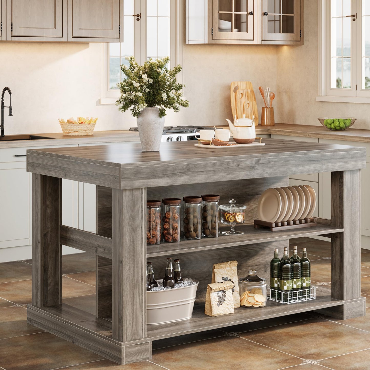 Tribesigns 55" Kitchen Island with Seating and Storage, 3-Tier Farmhouse Wood Stationary Island Table with Large Worktop & Leg Room, Coffee Bar Table with Storage Shelves for Kitchen, White and Brown