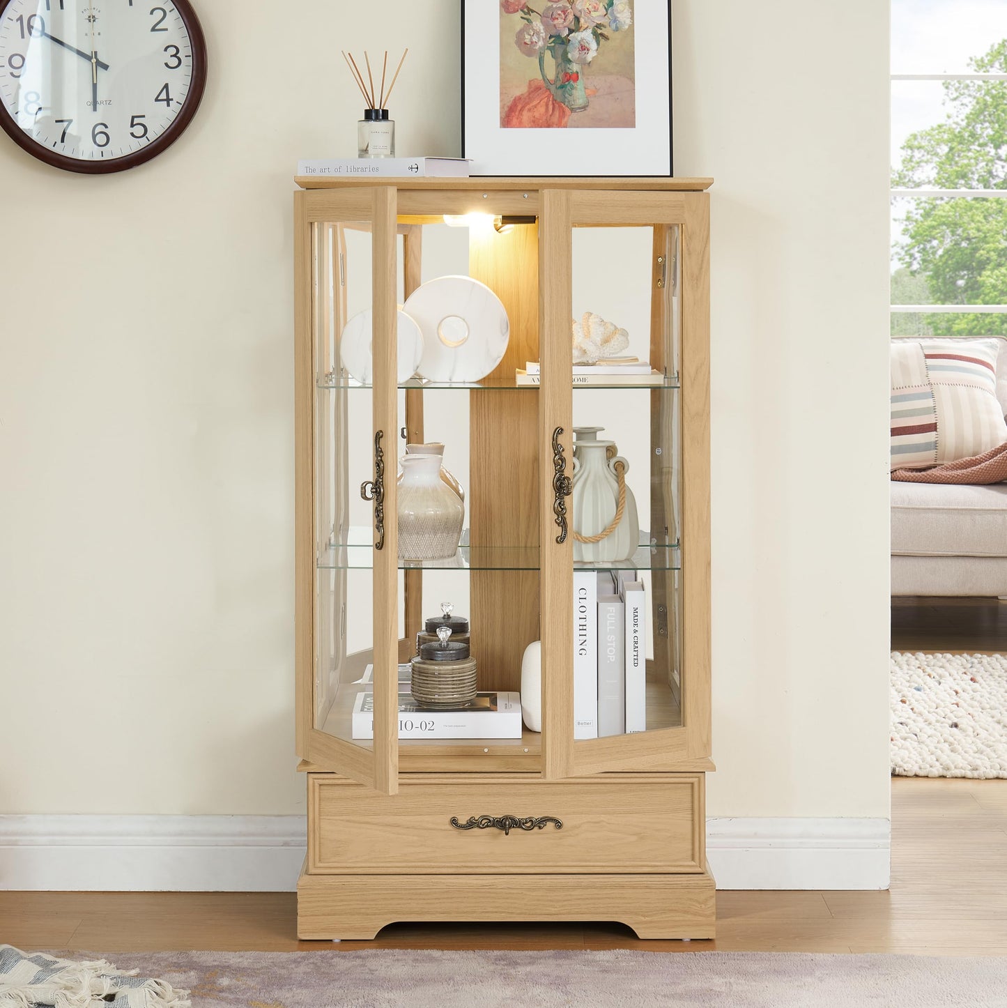LKTART Curio Glass Display Cabinet,Storage Cabinet with Lights and Mirrored Back Panel,China Cabinet with Tempered Glass Doors and Shelves,Collectible Display Shelf,Included Bulb White