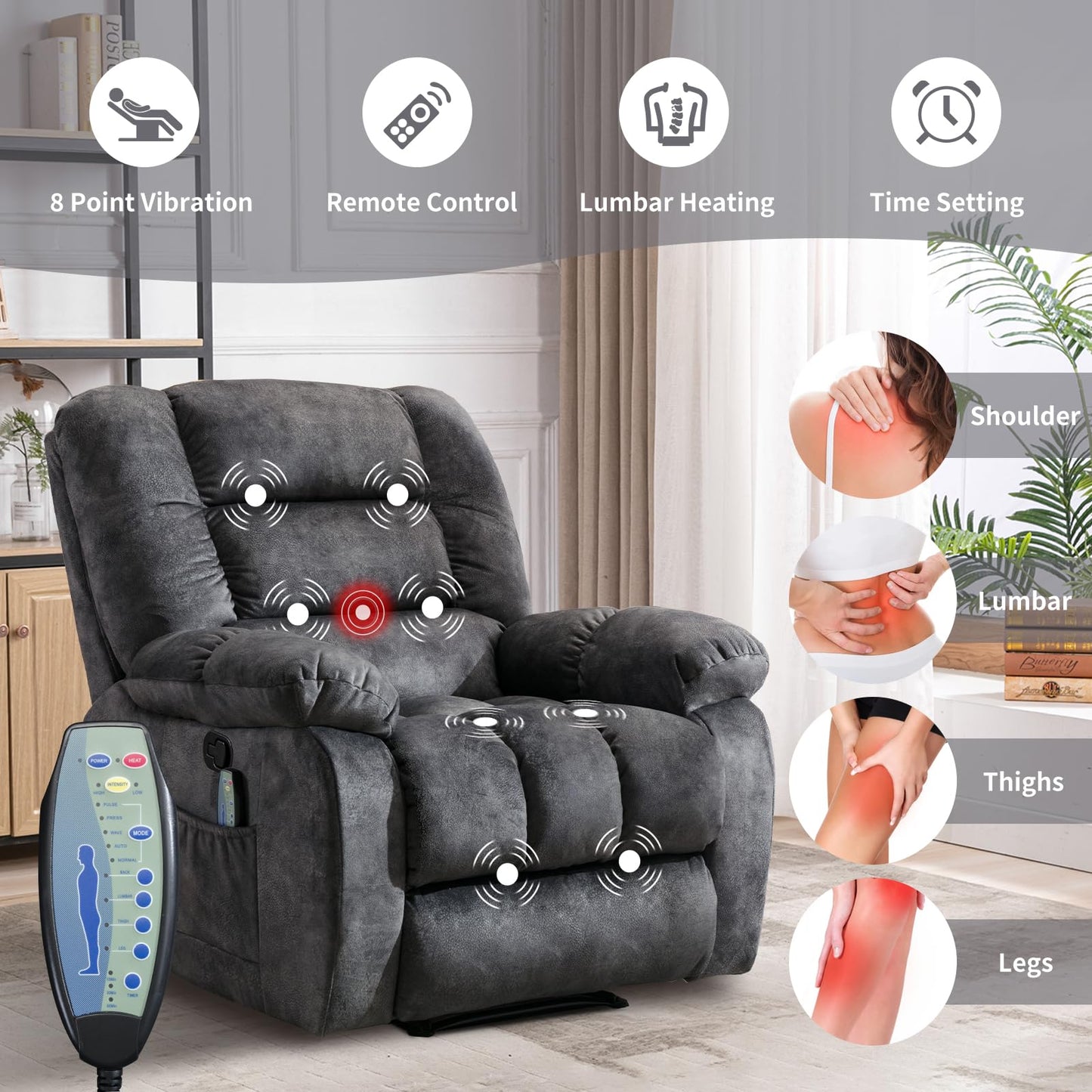 IOMOR Massage Recliner Chair with Heat and Massage, Ergonomic Overstuffed Breathable Fabric Reclining Chairs, Single Sofa Chair with Side Pockets for Living Room Home Theater (Dark Gray)