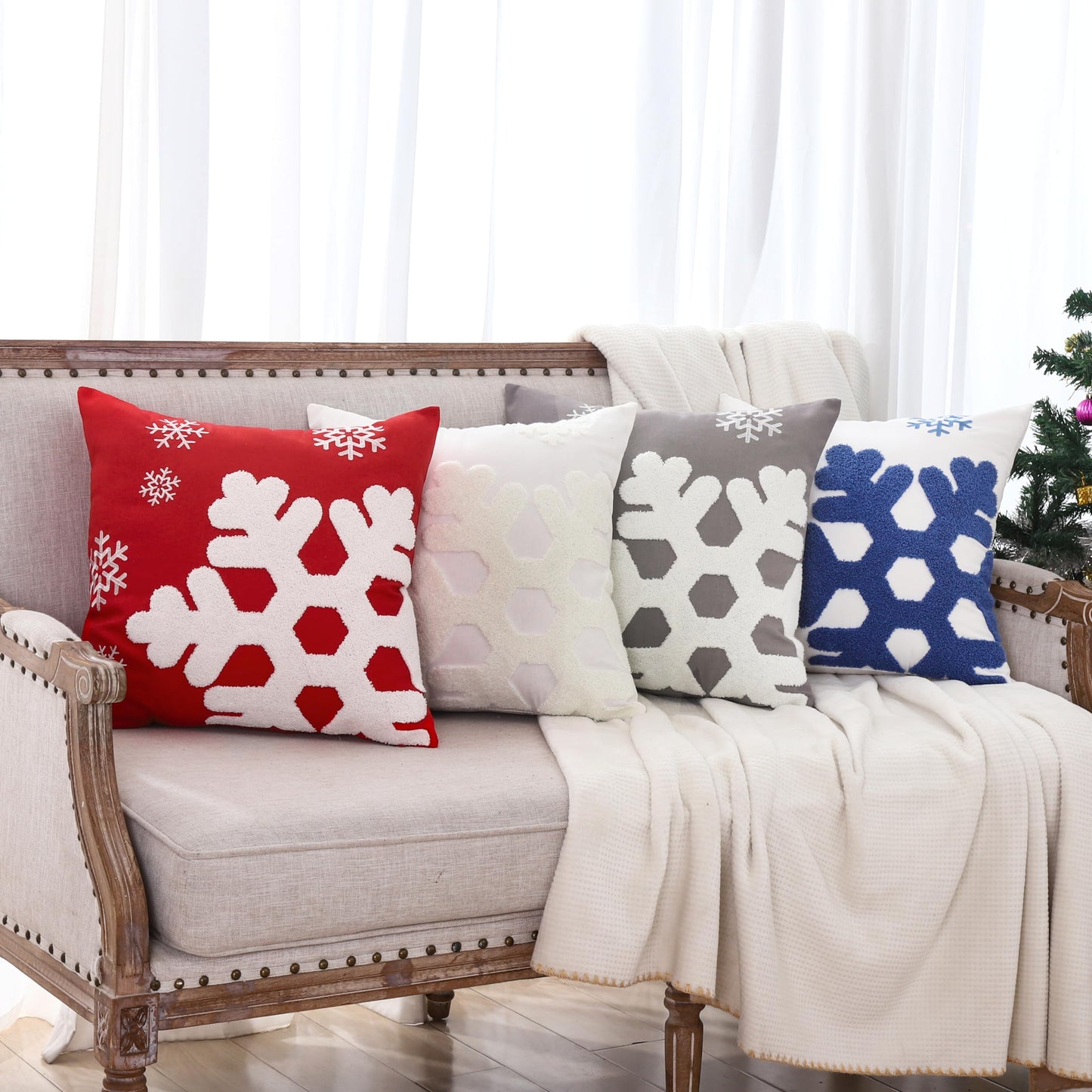 VAKADO Christmas Throw Pillow Covers 18x18 Set of 2 Embroidered Snowflake Decorative Xmas Cushion Cases Holiday Soft Home Decor for Bedroom Sofa Chair Porch Winter, Blue