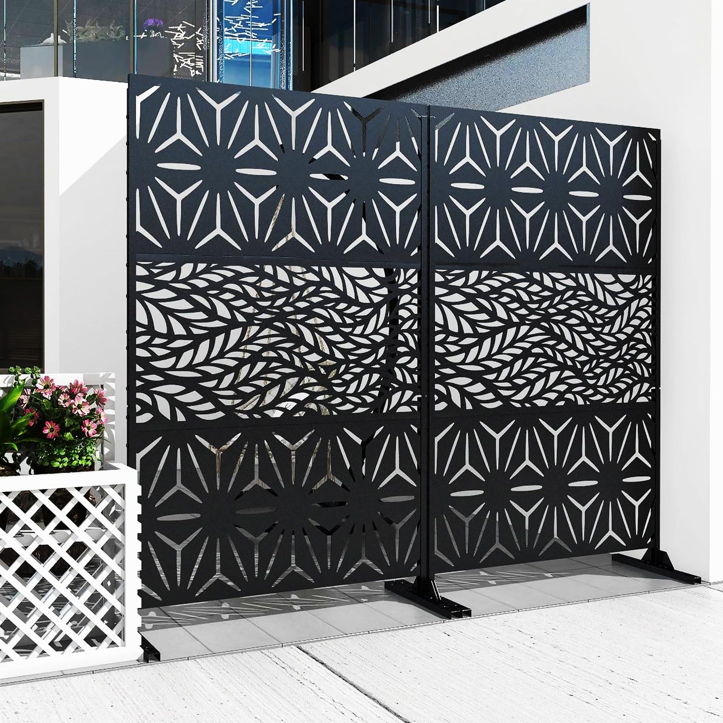 Outdoor Metal Privacy Screen with Stand, 72" H x 47" W Freestanding Outdoor Patio Divider, Decorative Patio Privacy Fence Panel for Garden Backyard Balcony Porch (Brown-Crossbanding)