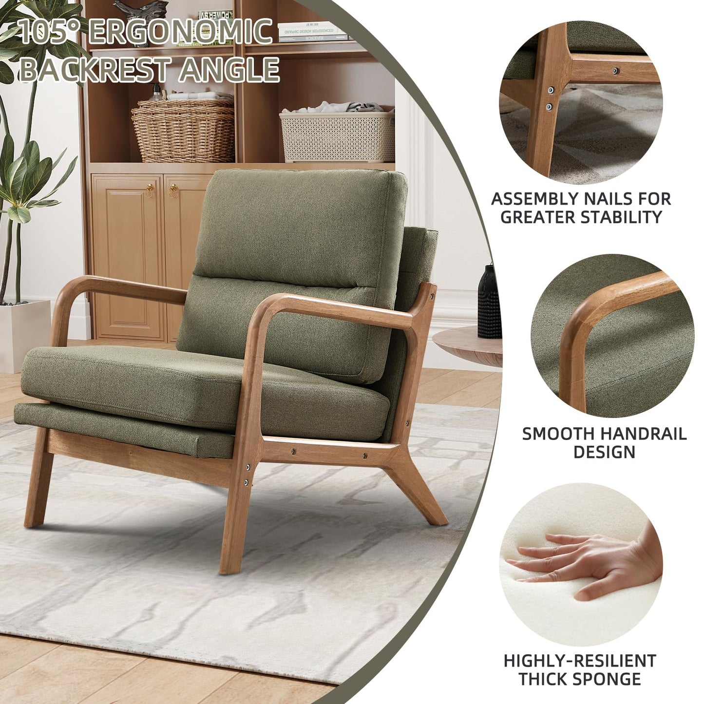 IOMOR Mid Century Modern Accent Chair with Solid Wood Frame Linen Fabric, Upholstered Living Room Chairs with Lumbar Cushion Padded Arms, Reading Armchair for Bedroom (1, Warm Beige)