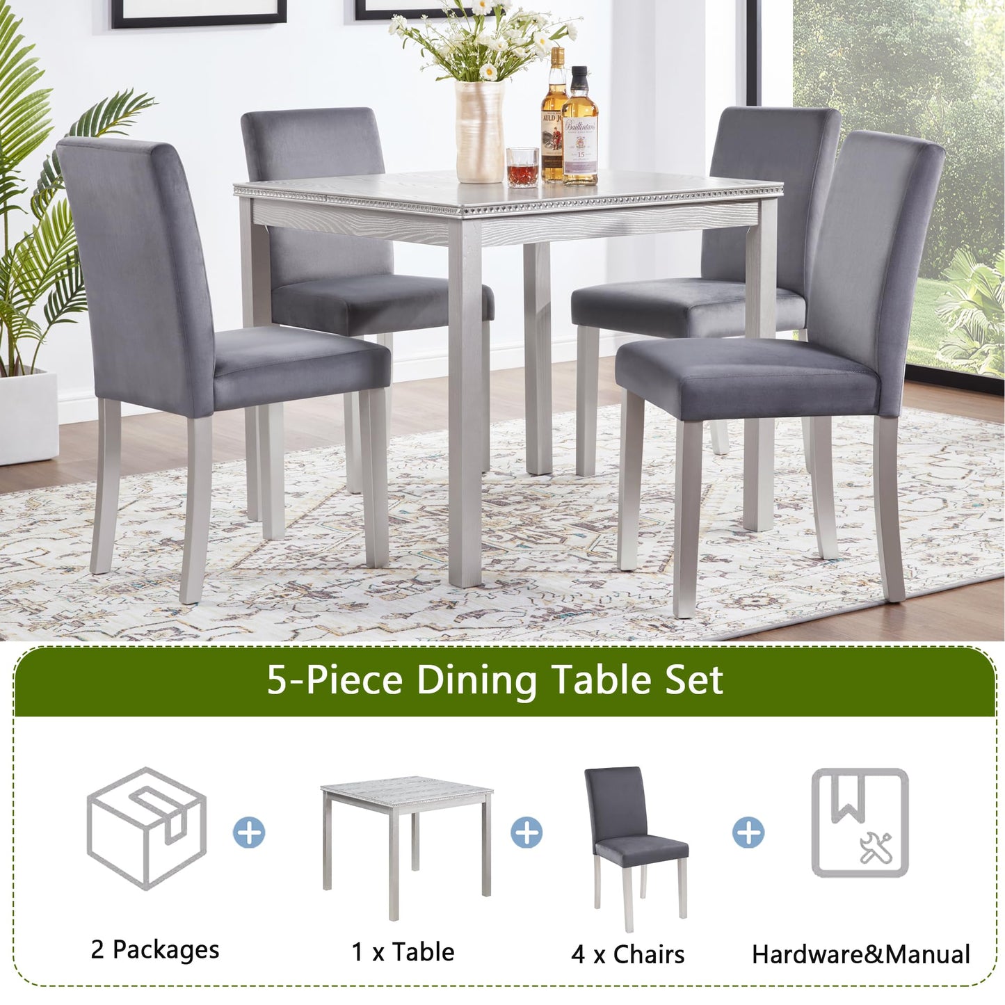 LKTART 5-Piece Kitchen & Dining Room Table and Chairs Sets,Small Square Kitchen Table with 4 Upholstered XX-Shaped Backrest Chairs,Walnut
