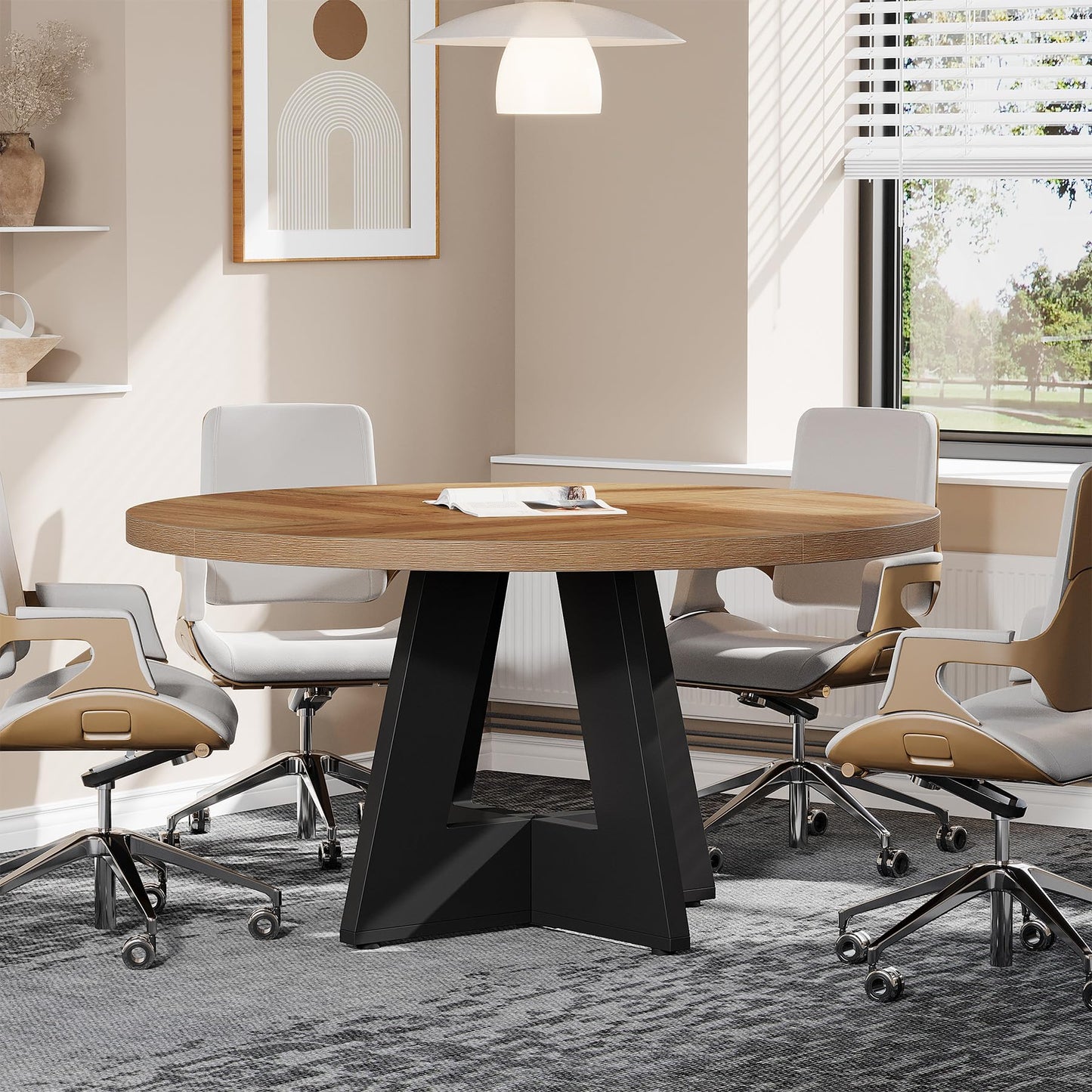 Tribesigns 47-Inch Round Conference Table for 4-6 People, Wooden Meeting Room Table with Thicken Tabletop and Wood Base (Grey)