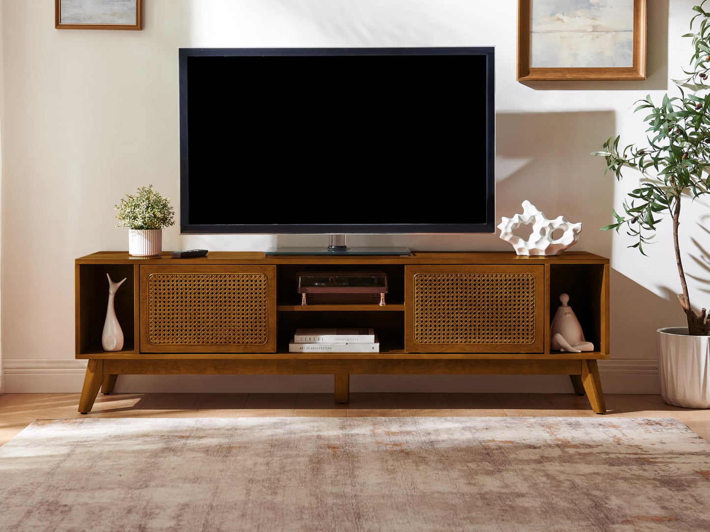 LKTART Mid Century Modern Rattan TV Stand for 65 Inch TV,59" Boho Media Console with Sliding Doors & Open Shelves,Solid Wood Legs for Living Room,Light Walnut