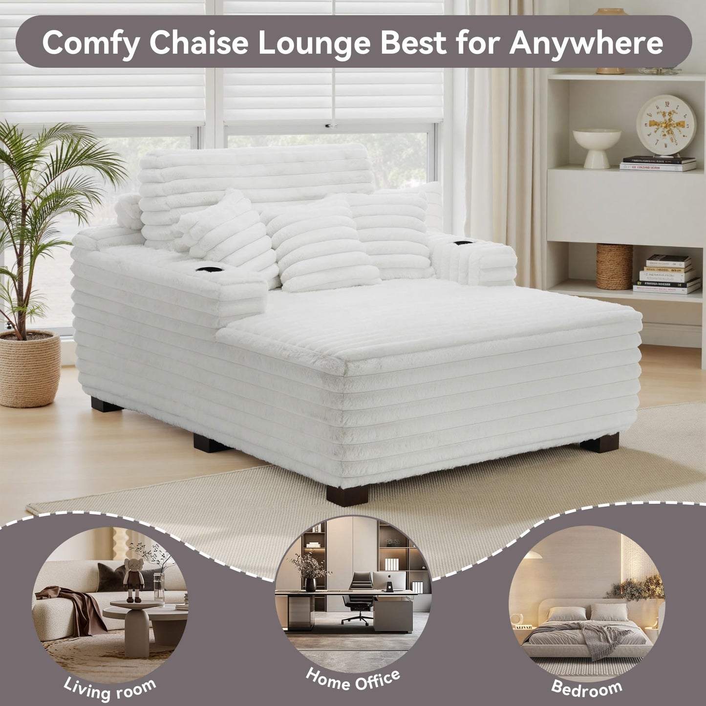 59" Chaise Lounge Chair Indoor, Upholstered Oversized Sleeper Sofa Bed Reading Chairs with 3 Soft Pillows & 2 Cup Holders, Comfy Cloud Deep Seat Sofa for Living Room Bedroom, Set of 2, Navy