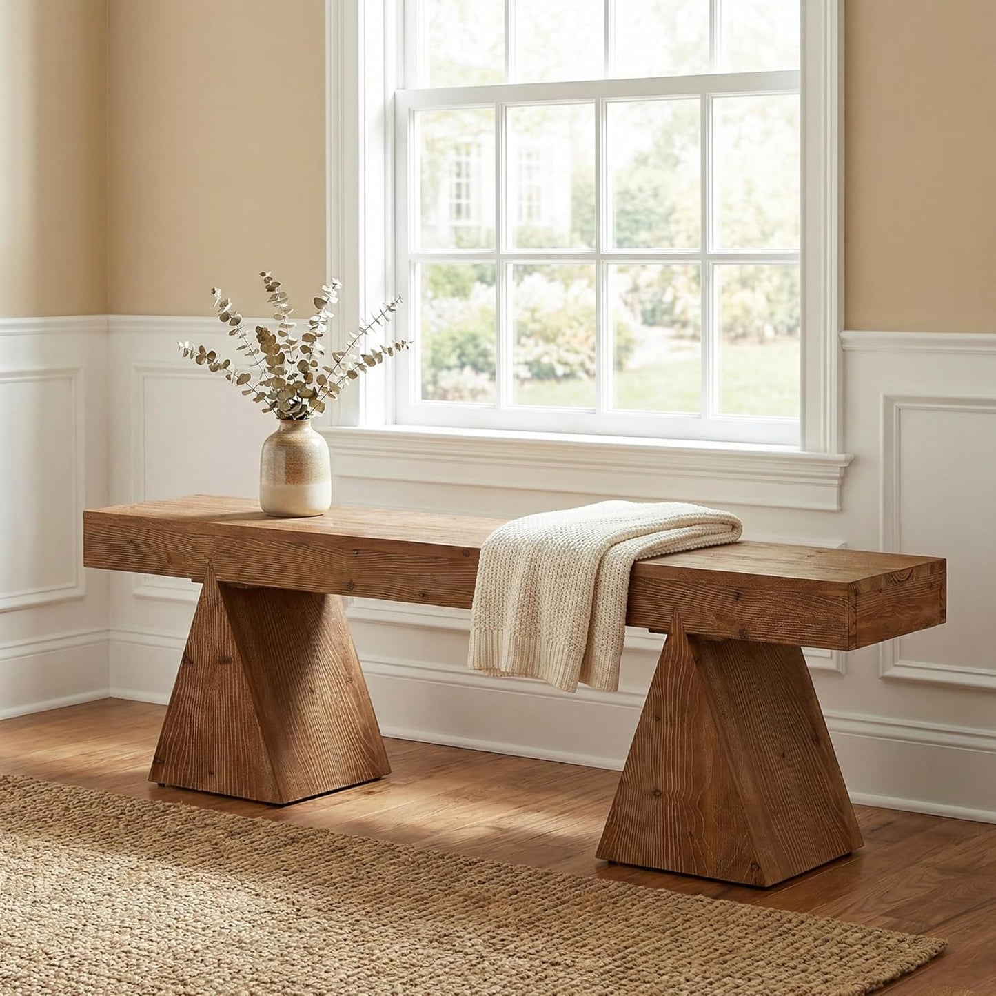 Solid Wood Bench-63 Rustic Indoor End of Bed Bench, Farmhouse Entryway Benches with Triangle Base for Bedroom, Hallway, Kitchen (Rustic Brown)