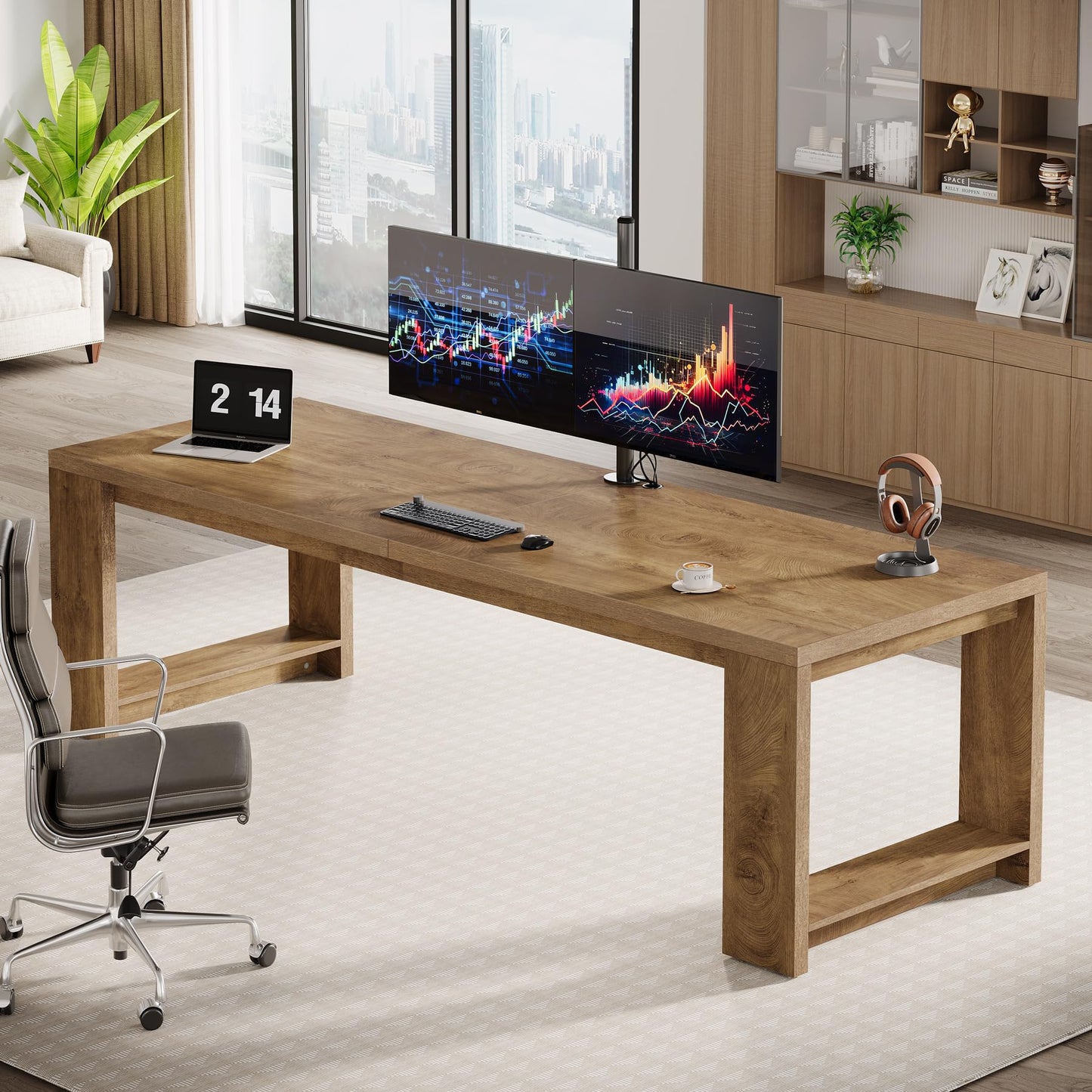 Tribesigns Two Person Desk, 86.6 Inches Extra Long Desk, Double Computer Writing Table, Wood Large Desks Workstation for Home Office, Natural Wood