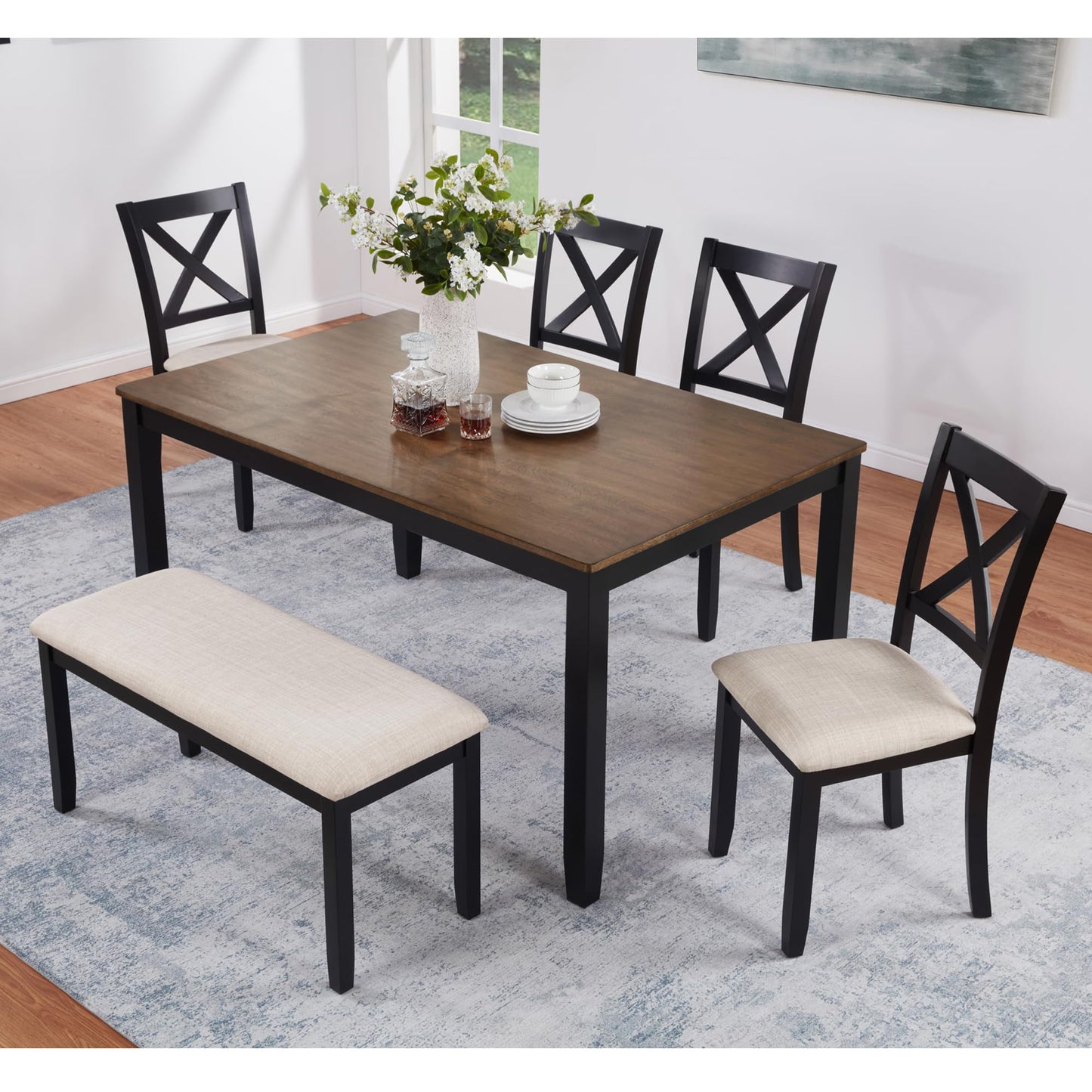 LKTART 6 Piece Kitchen Dining Set, 58.5" Rectangular Wooden Dinner Table with 4 Upholstered Chairs and a Bench for Living Room, Home Bar and Kitchen, Walnut