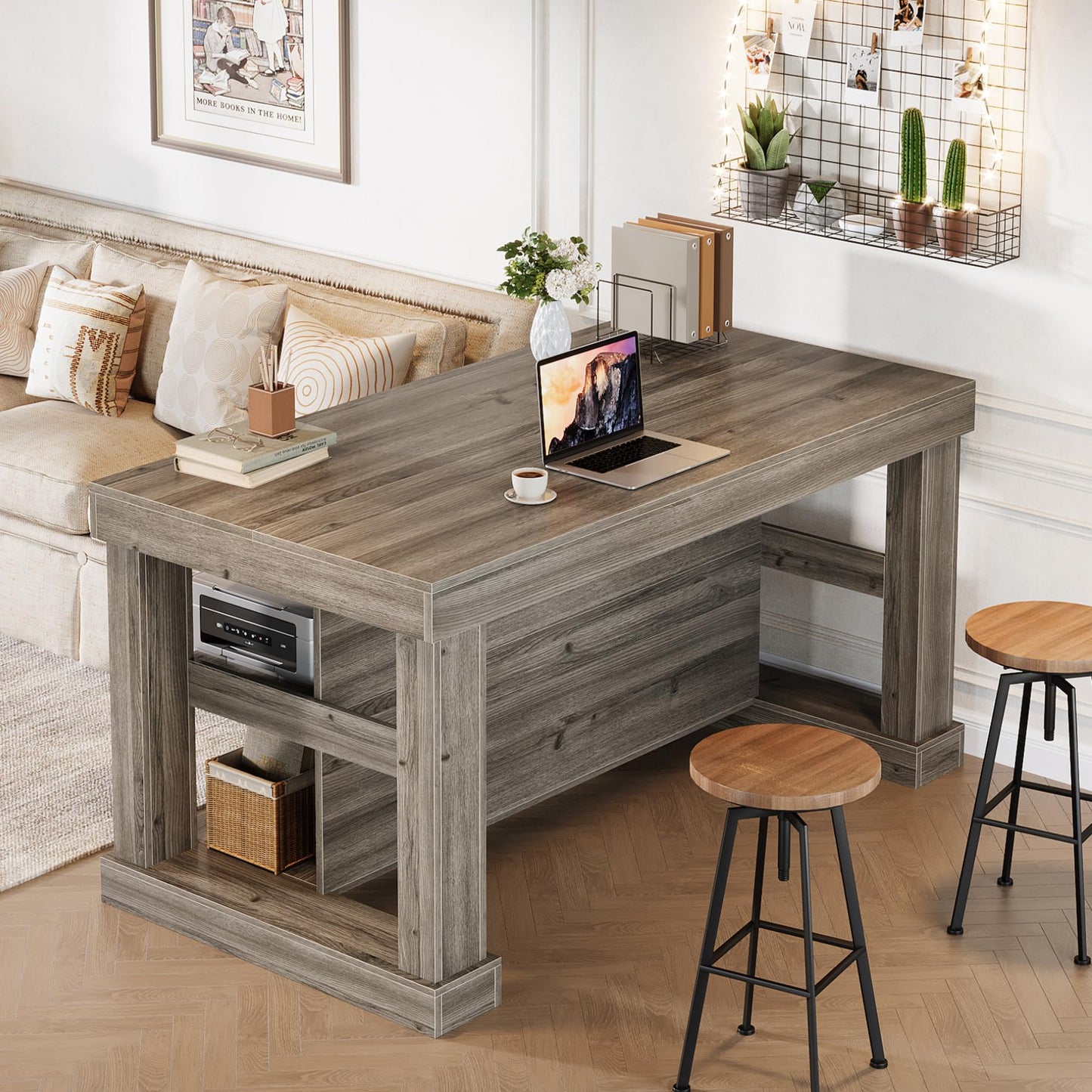 Tribesigns 55" Kitchen Island with Seating and Storage, 3-Tier Farmhouse Wood Stationary Island Table with Large Worktop & Leg Room, Coffee Bar Table with Storage Shelves for Kitchen, White and Brown