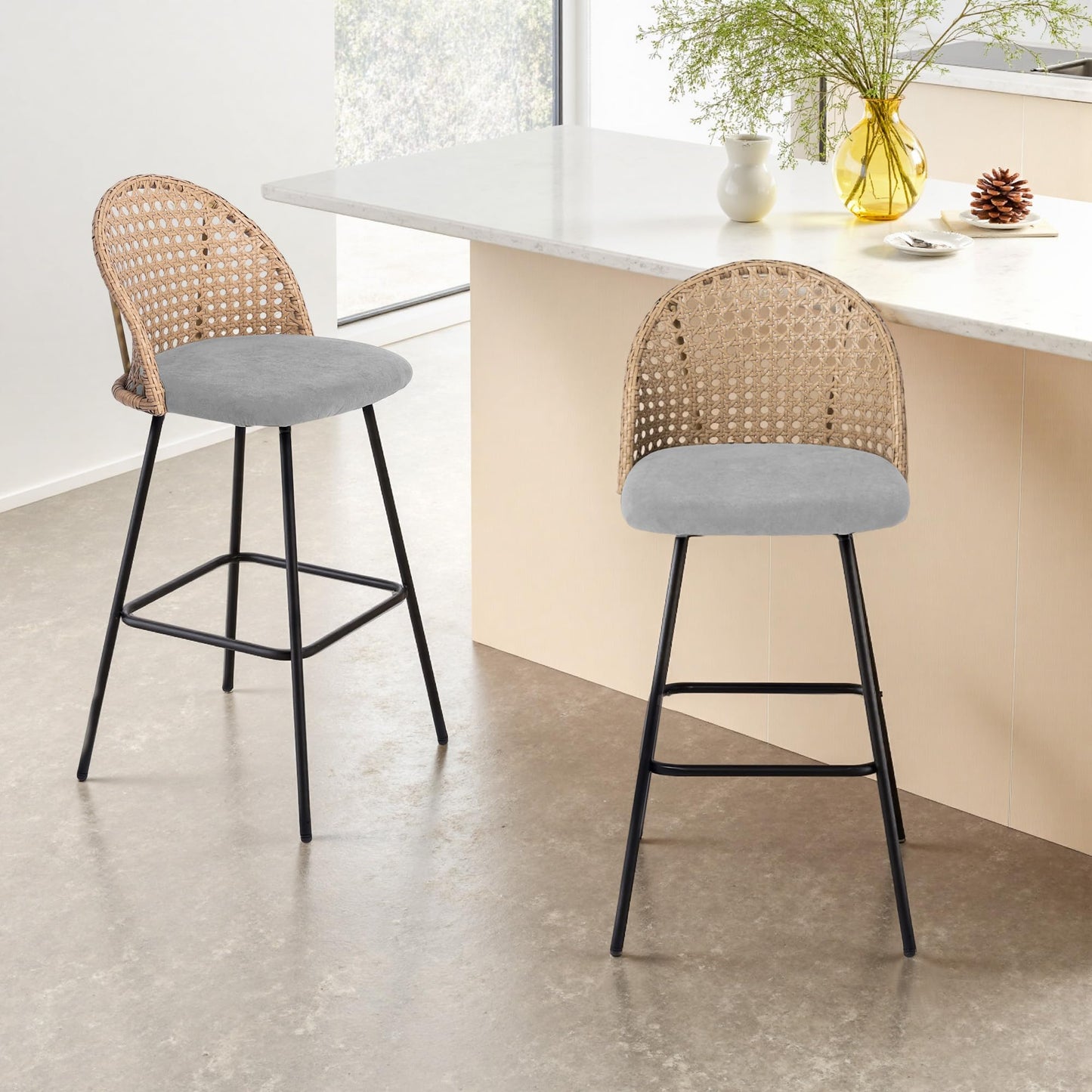 28.7" Swivel Bar Stools Set of 2, Mid Century Modern Counter Height Barstools with Rattan Backrest, Upholstered Chenille Armless Bar Chair Island Stools for Kitchen Island, Bar, Beige