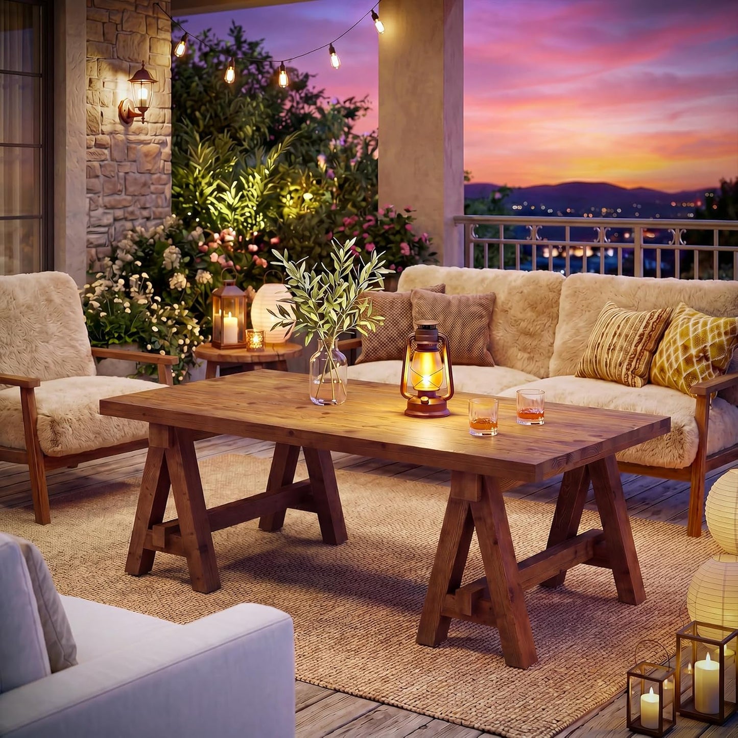 Solid Wood Coffee Table, 47" Rustic Farmhouse Center Table, Natural Wood Rectangular Coffee Tea Accent Furniture with Trestle Base & Spacious Tabletop for Living Room, Lounge, Home Office