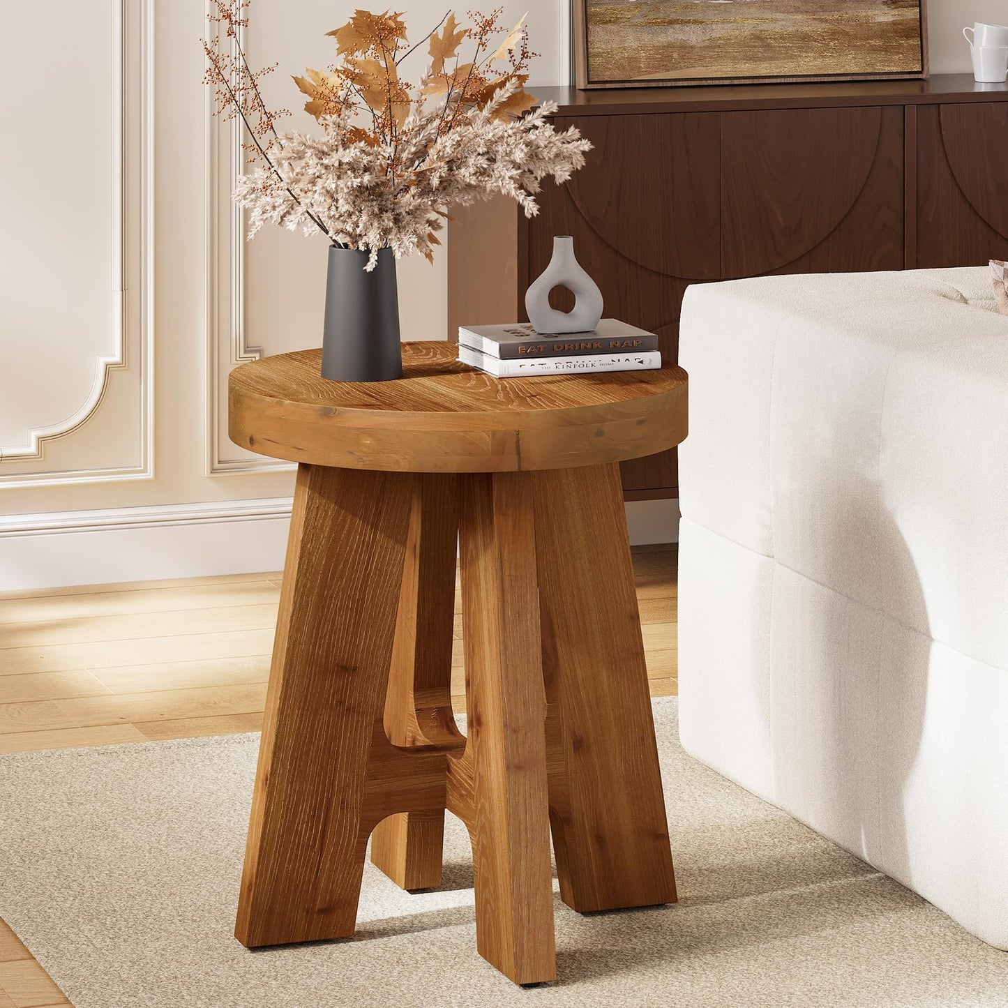 Set of 2 Round End Table, Farmhouse Solid Wood Side Table for Couch, Mid Century Modern Side Table with Heavy-Duty Leg, Wood Bedside Table for Bedroom, Small Spaces, Walnut