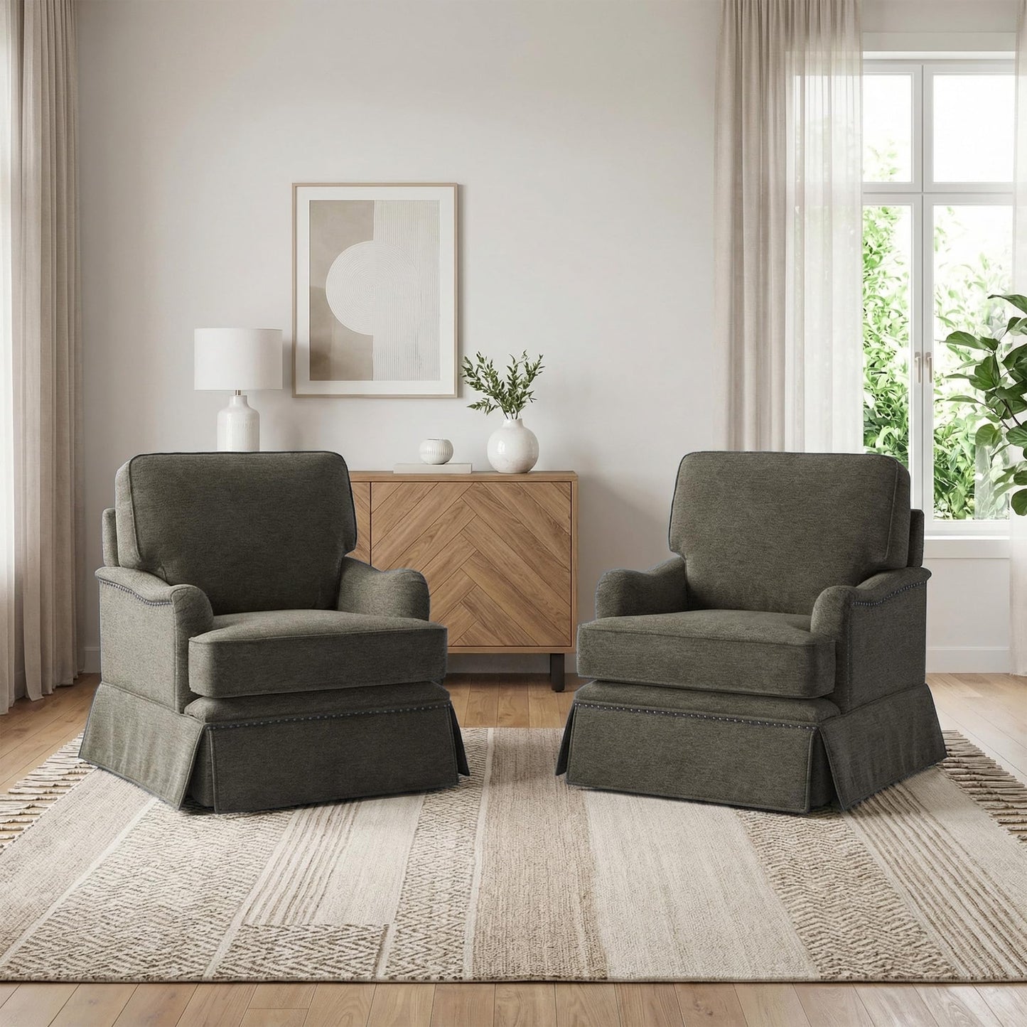 Swivel Accent Chair, 360° Swivel Upholstered Armchairs with Curved Arms, Comfy Chenille Fabric Lounge Reading Chairs for Living Room Bedroom Study, Metal Swivel Base, Tan
