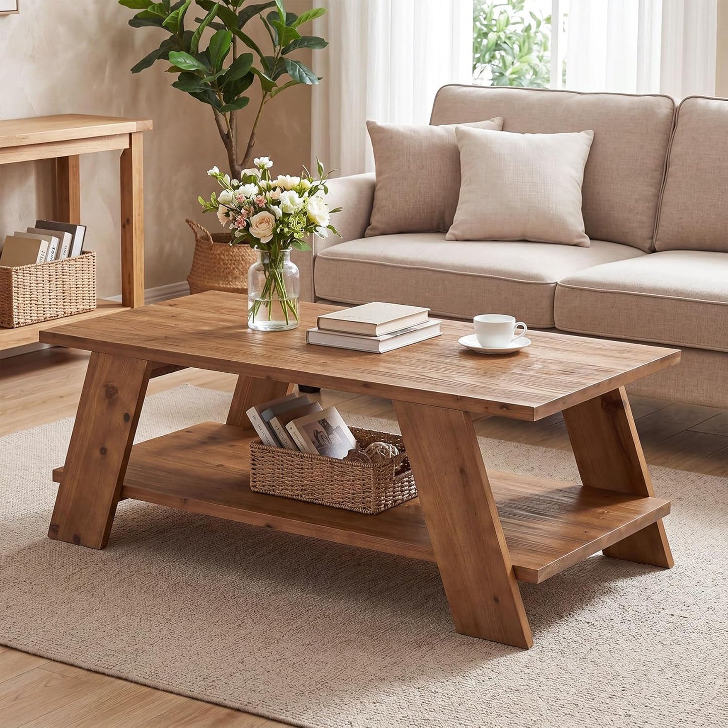 47-Inch Solid Wood Coffee Table for Living Room, 2-Tier Rectangle Center Table with Storage Shelf, Farmhouse Rustic Living Room Furniture, Brown