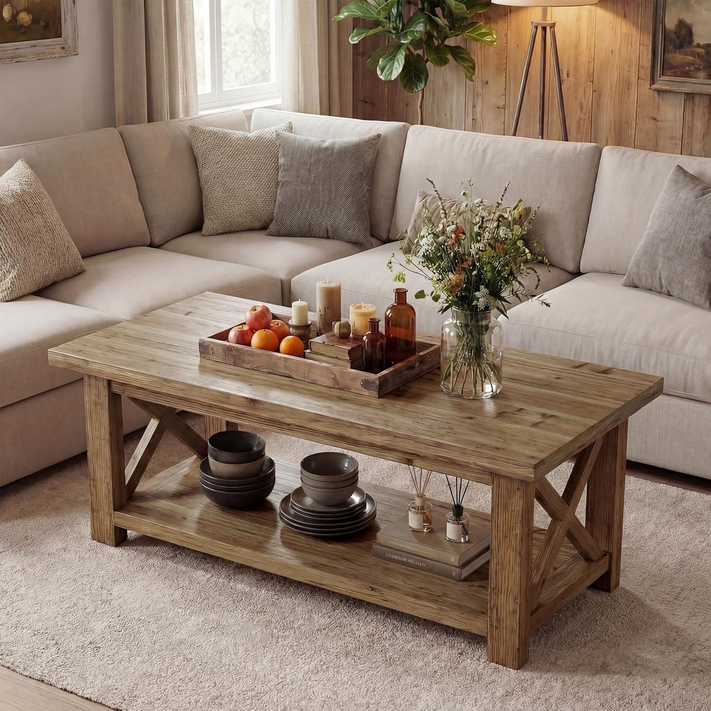 Solid Wood Coffee Table with X-Frame Side, 2-Tier Farmhouse Rectangular Center Table for Living Room, Accent Cocktail Tea Table with Storage, Brown
