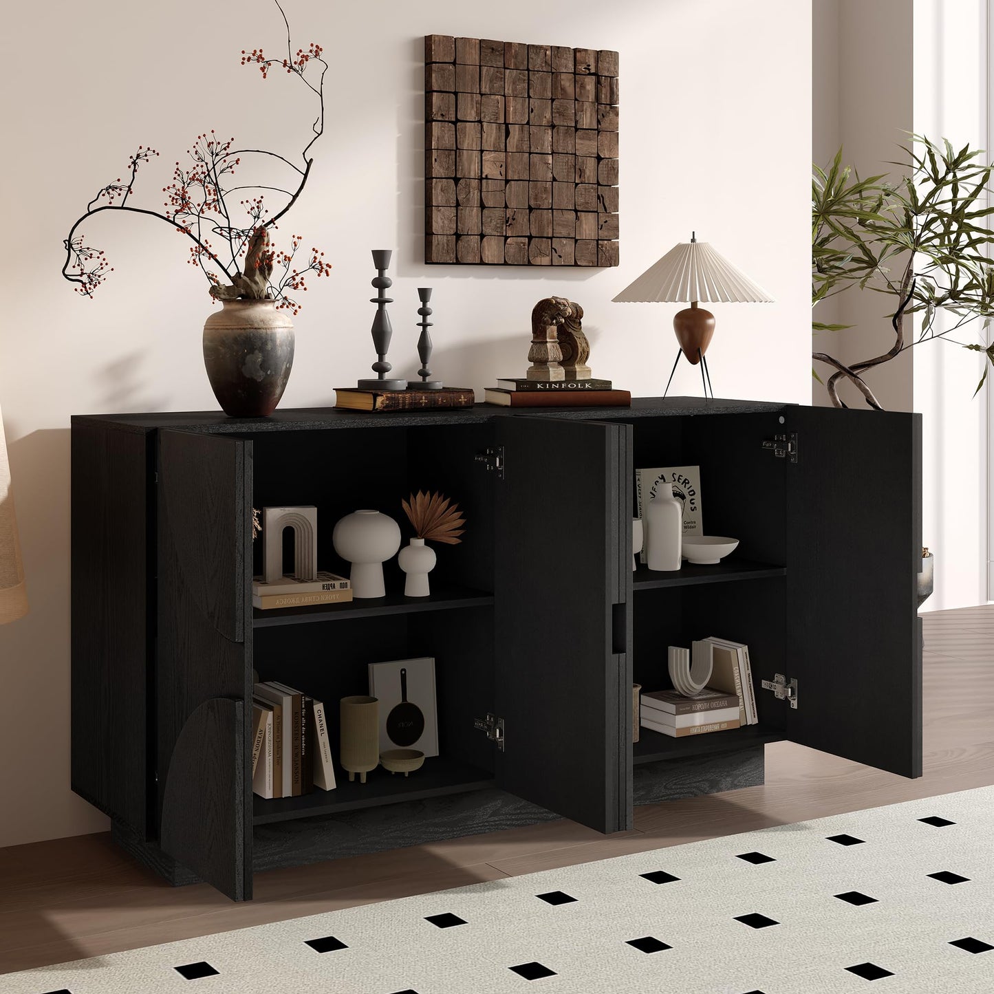LKTART 40" Sideboard Buffet Accent Storage Cabinet with Carved Pattern Side Board Solid Wood Frame for Kitchen, Living Room, Entryway,Hallway (Blue+Brown)