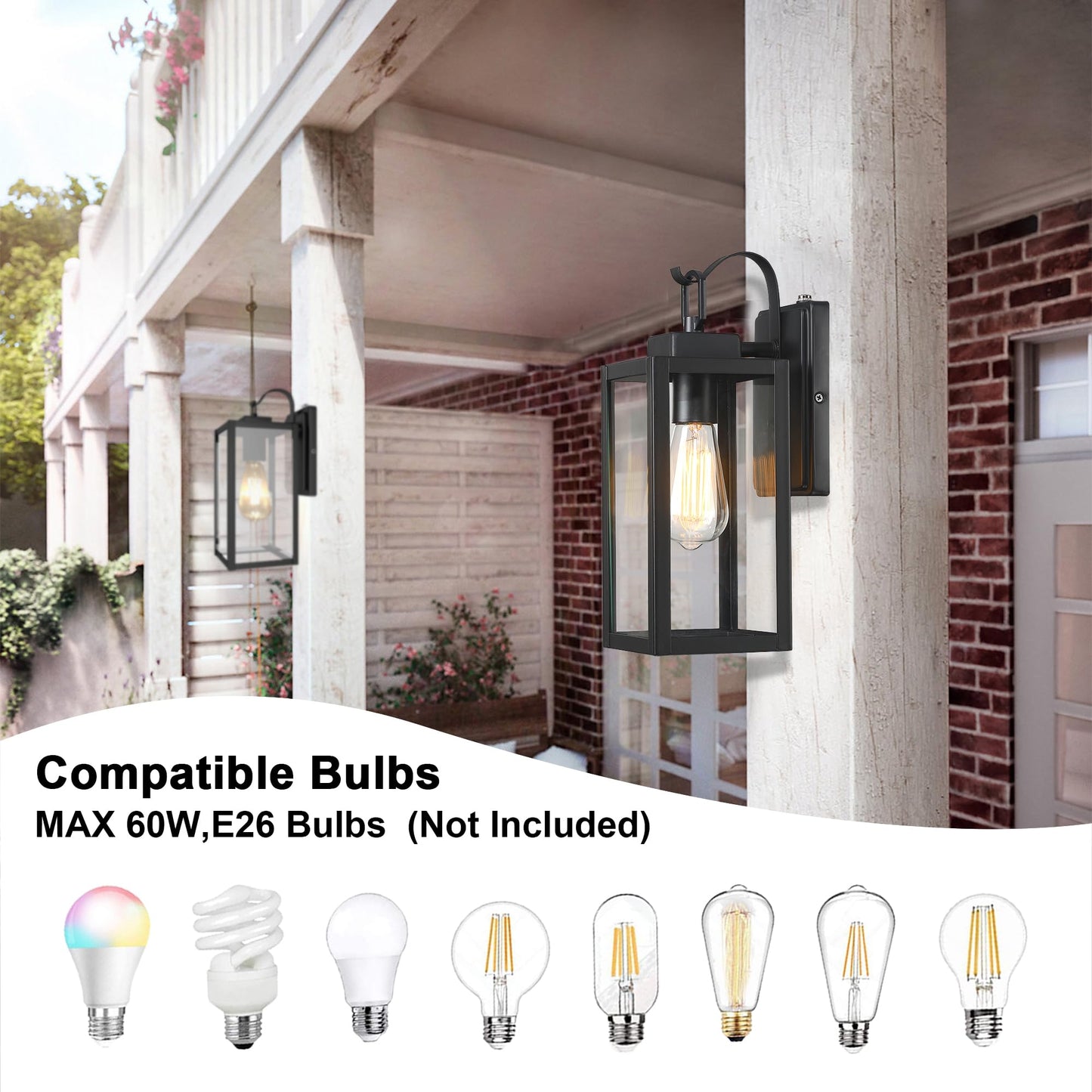 18 Inch Dusk to Dawn Outdoor Wall Light Fixtures, Large Exterior Waterproof Light Fixtures, Black Modern Porch Lights with E26 Sockets & Glass Shades, Wall Sconces for Patio, Garage, Front Door