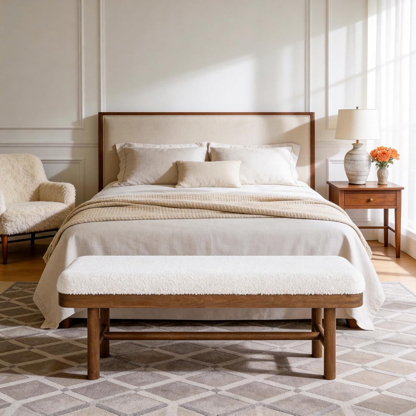 55" Upholstered Bedroom Bench, Solid Wood End of Bed Bench, Modern Indoor Bench with Cushion for Bedroom, Living Room, White & Brown