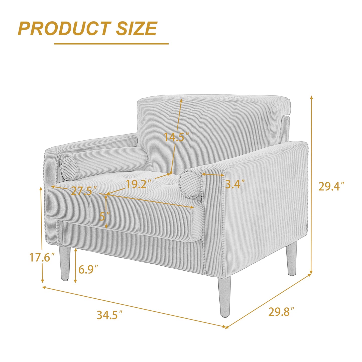 34.5" Arm Chair, Corduroy Fabric Modern Accent Chair, Comfy Upholstered Armchair Reading Chair with Solid Wood Legs for Living Room Bedroom Office, Yellow