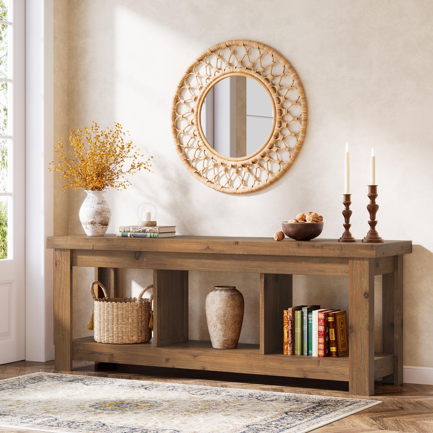 Solid Wood Console Table, 63-Inch Entryway Table with Storage, Long Wooden Sofa Table Behind Couch for Entryway, Hallway, Foyer, Living Room, Natural Wood