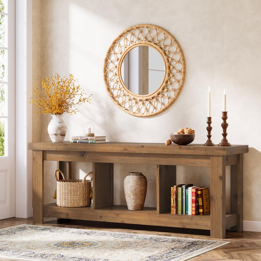 Solid Wood Console Table, 63-Inch Entryway Table with Storage, Long Wooden Sofa Table Behind Couch for Entryway, Hallway, Foyer, Living Room, Natural Wood