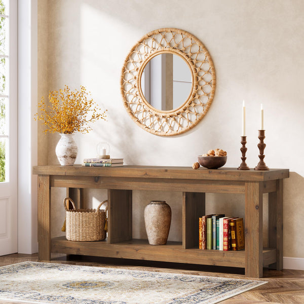 Solid Wood Console Table, 63-Inch Entryway Table with Storage, Long Wooden Sofa Table Behind Couch for Entryway, Hallway, Foyer, Living Room, Natural Wood