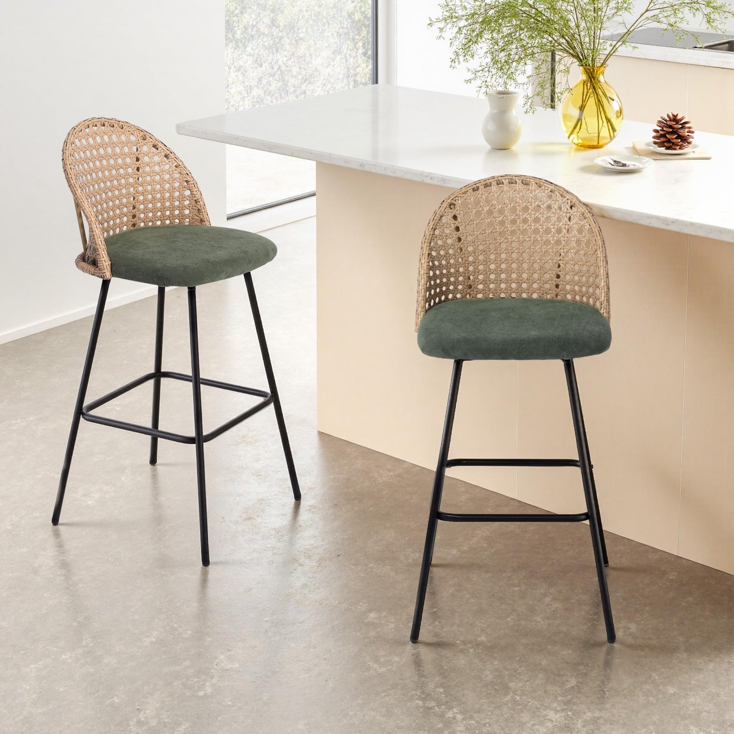 28.7" Swivel Bar Stools Set of 2, Mid Century Modern Counter Height Barstools with Rattan Backrest, Upholstered Chenille Armless Bar Chair Island Stools for Kitchen Island, Bar, Beige