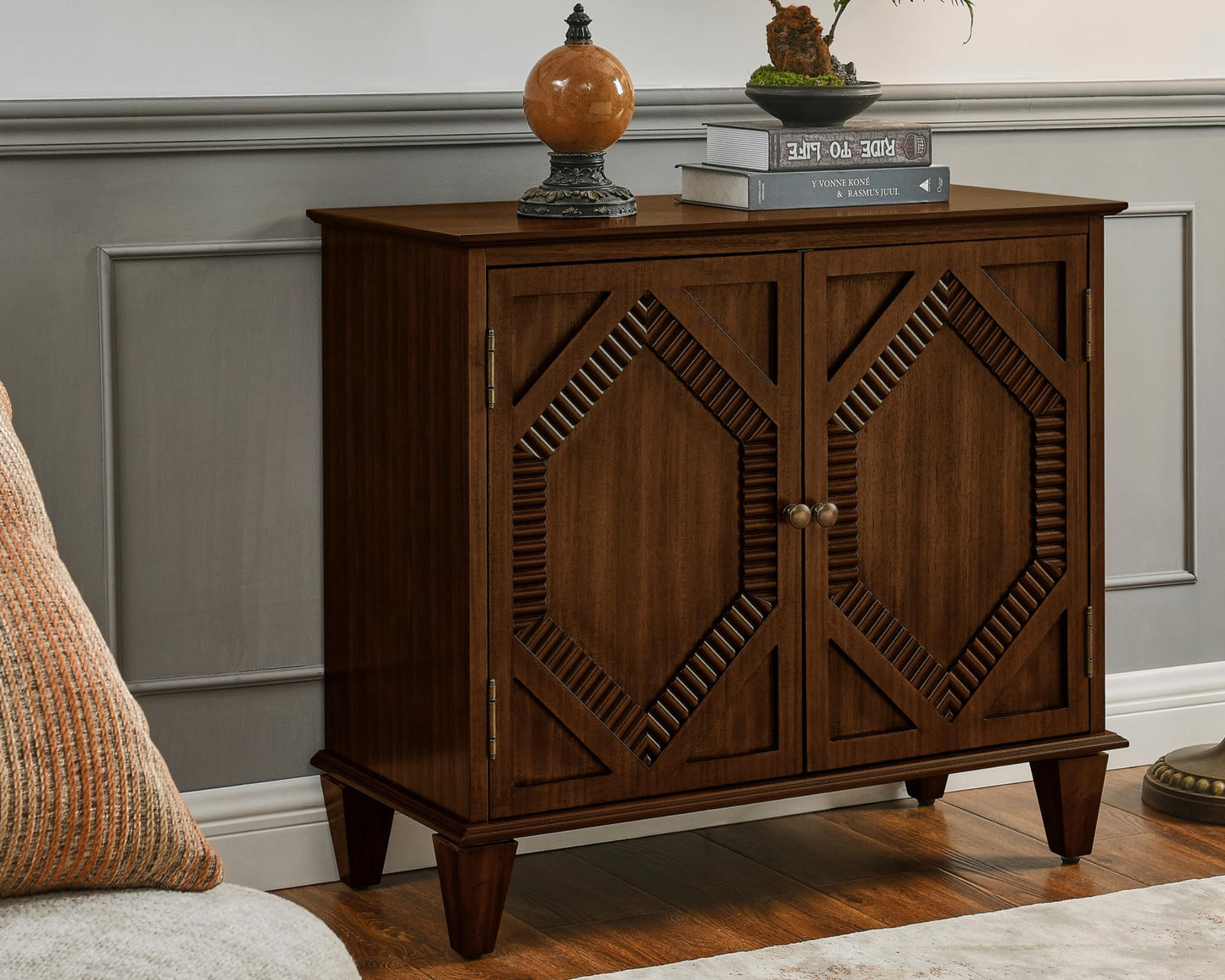 LKTART 65" Mid Century Sideboard Buffet Cabinet with Solid Wood Legs,Accent Storage Cabinet Credenza with 4 Doors for Living Room,Entryway,Kitchen(Walnut)