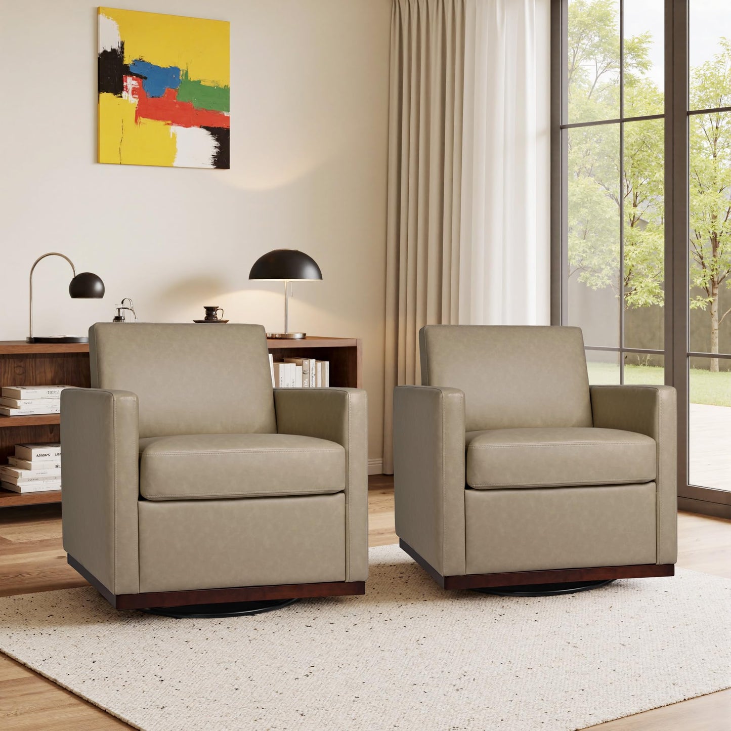 Faux Leather Swivel Accent Chairs Set of 2, 360° Swivel Upholstered Club Armchairs for Living Room, 31" Wide Square Single Sofa Reading Chair with Deep Seat, Metal Swivel Base, Navy