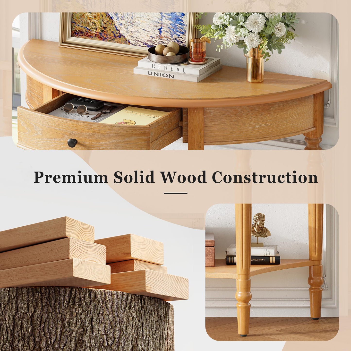LKTART Small Solid Wood Sofa Table,Console Table with Drawers and Bottom Shelf, Entryway Hallway Foyer Entry Table for Living Room(23.7" Natural)