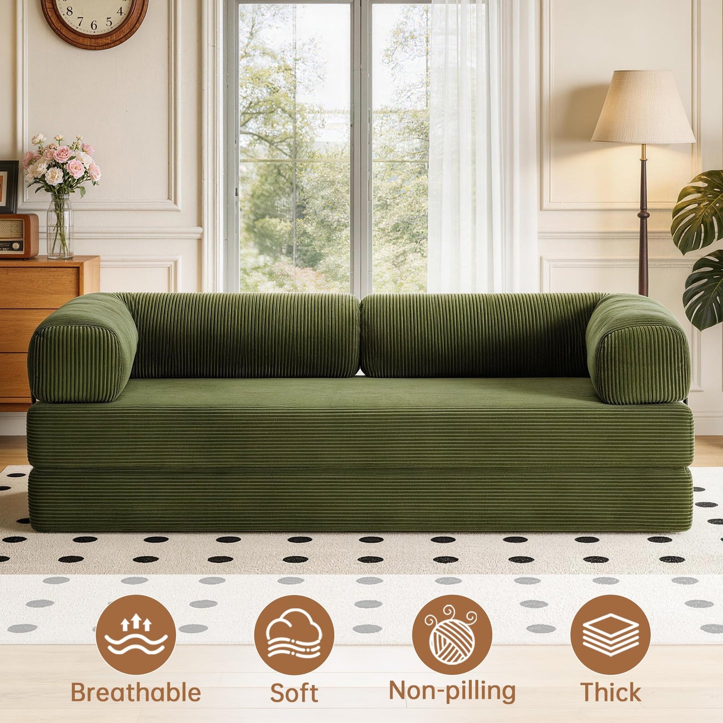 79'' Convertible Sleeper Sofa Bed, 4-in-1 Corduroy Folding Floor Couch, No Assembly Modular Boneless Loveseat with Pull Out Bed, Comfy Foldable Sofa Bed for Living Room Bedroom Guest Room, Gray