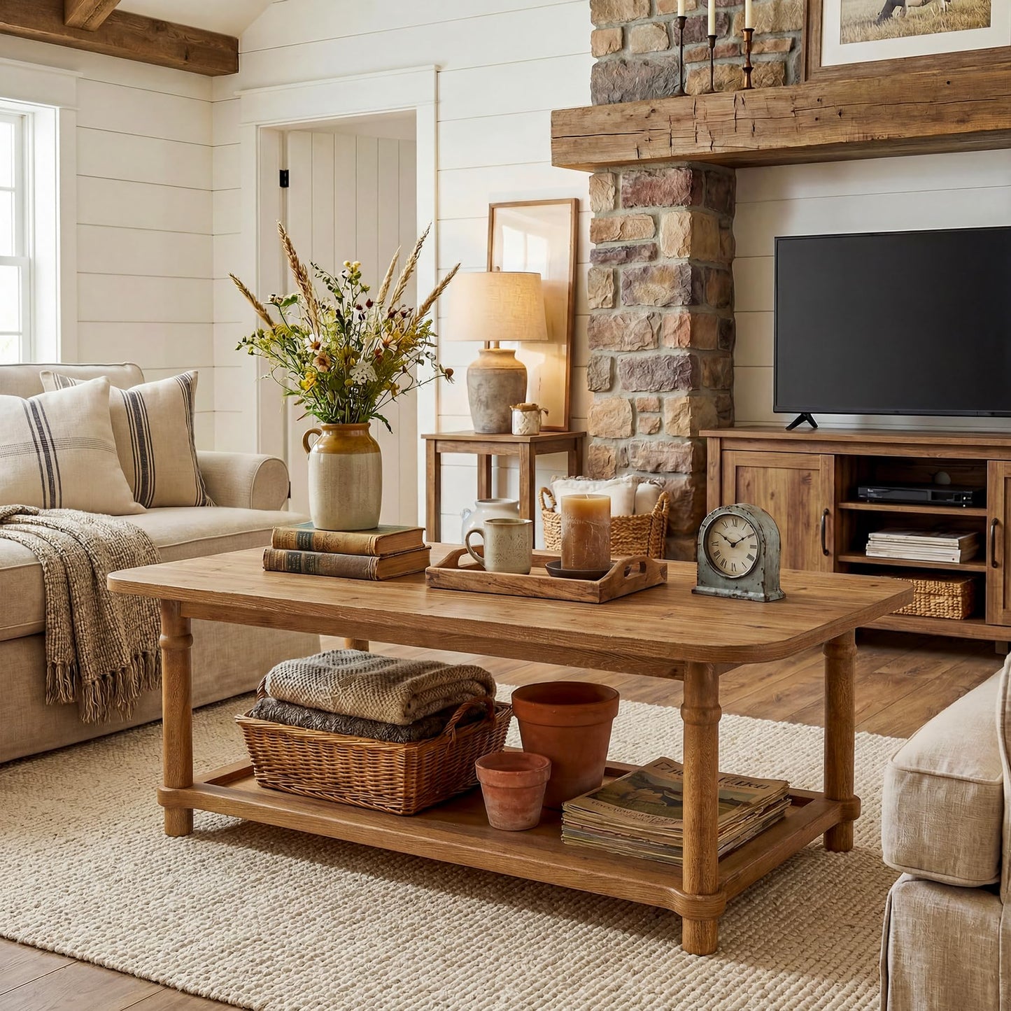 47" Rectangle Coffee Table, Solid Wood Center Table with 2-Tier Storage, Modern Farmhouse Coffee Furniture for Living Room, Home & Family Room, Light Brown