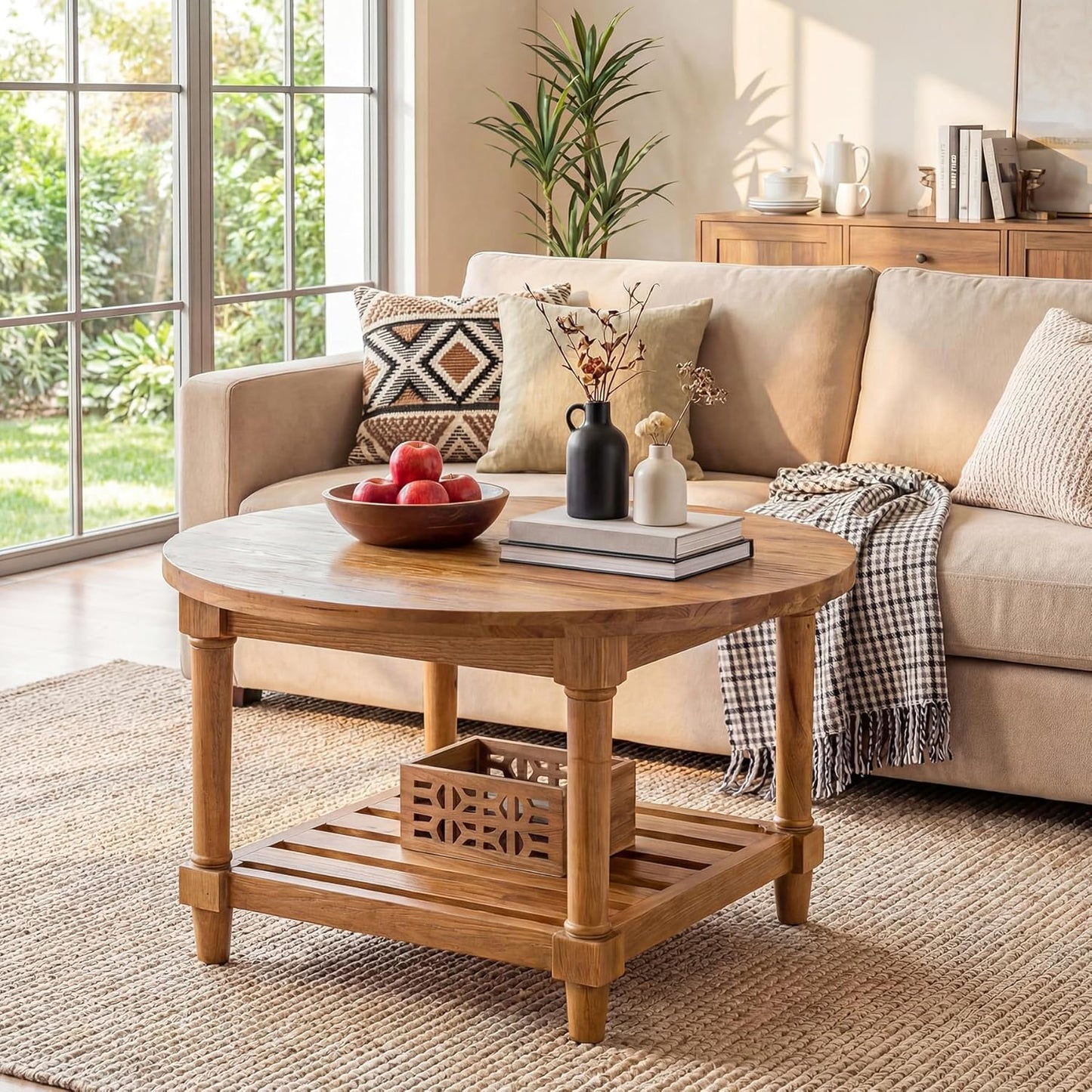 Round Coffee Table, 31.5" Farmhouse Solid Wood Center Table with Storage, 2-Tier Circle Accent Table for Living Room, Small Spaces, Apartment, Rustic Brown