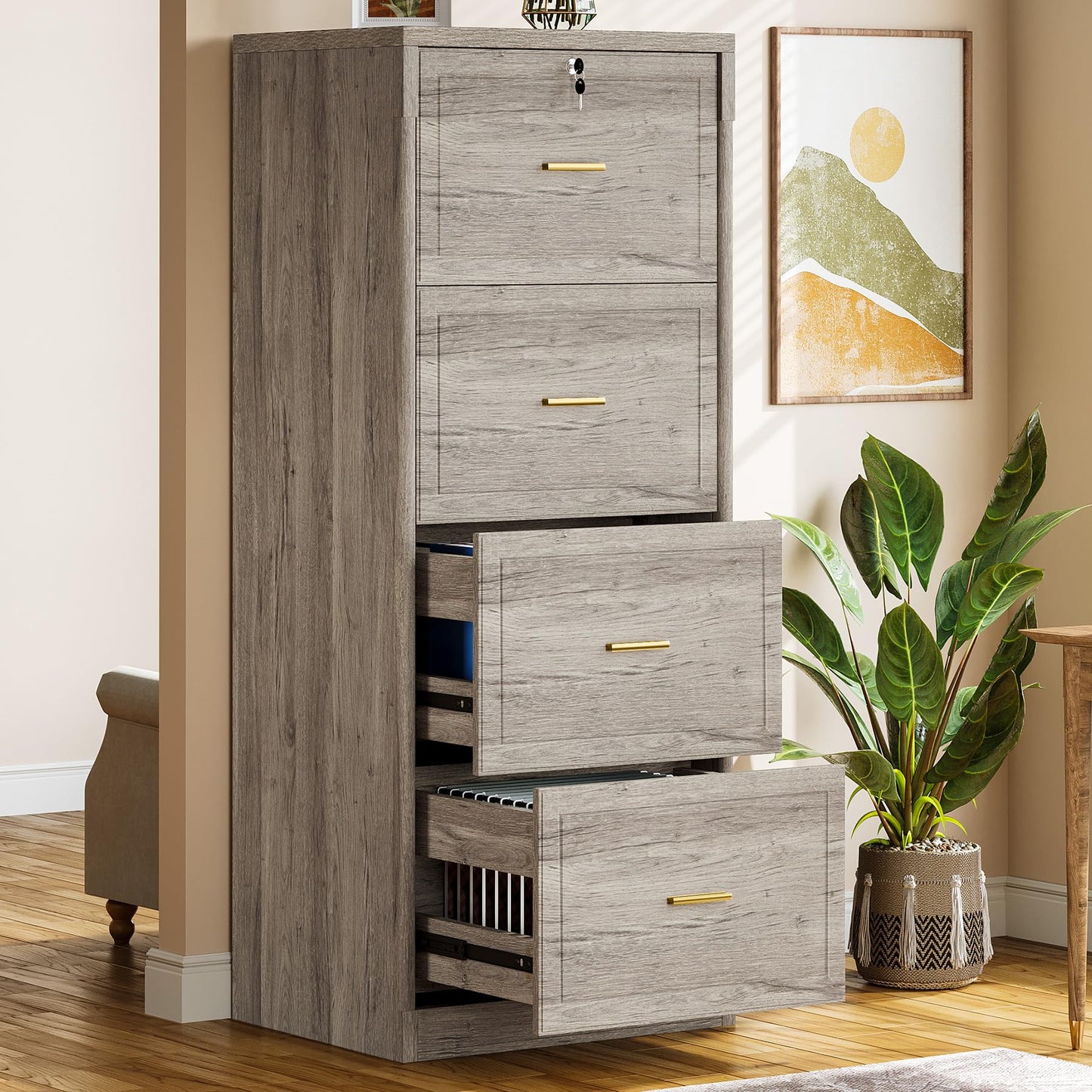 Tribesigns 4-Drawer File Cabinet with Lock, Locked File Cabinet with Key, Tall Wooden Filing Cabinets for Home Office, Vertical Office Storage for Legal Size/Letter/A4/Files, Brown