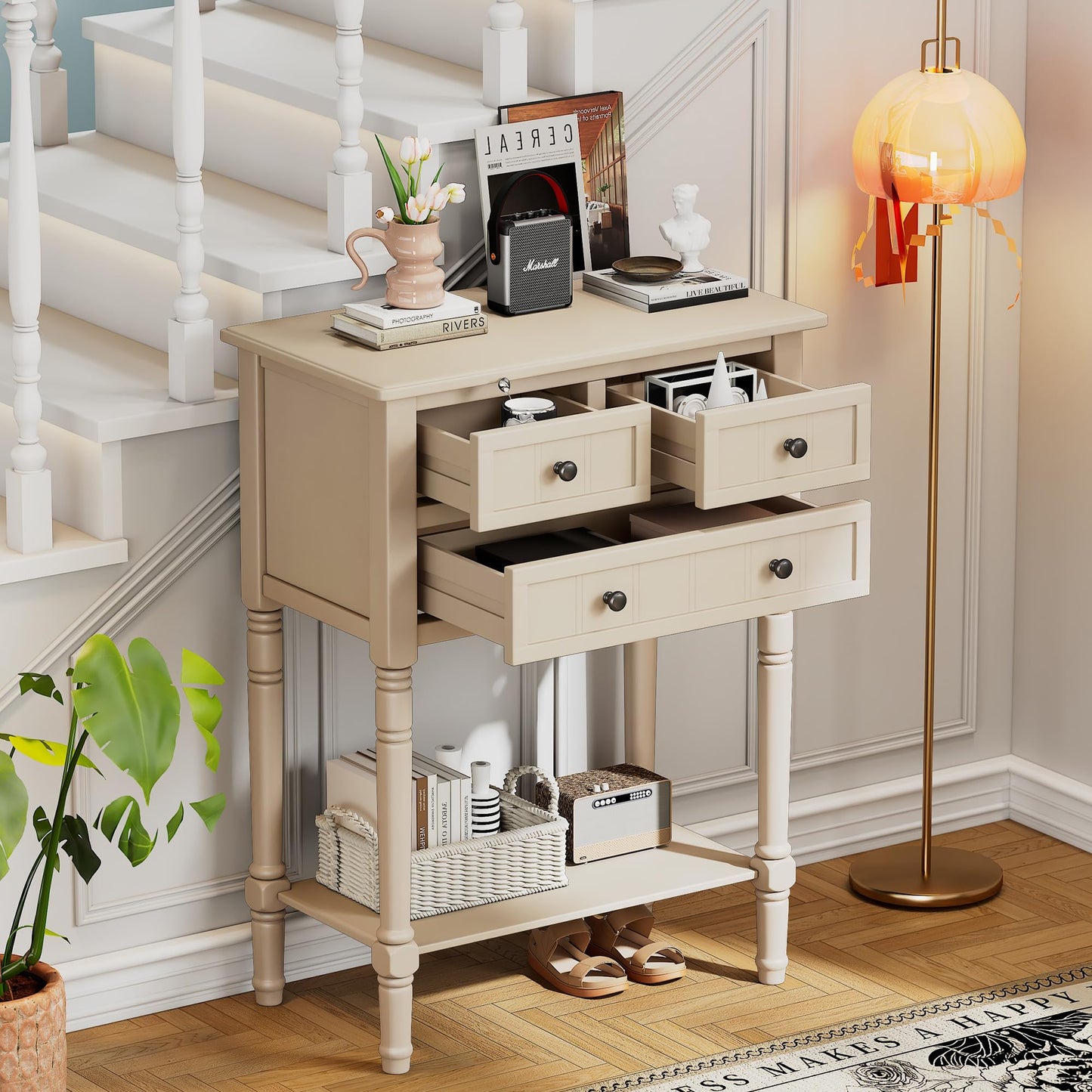 LKTART Small Solid Wood Sofa Table,Console Table with Drawers and Bottom Shelf, Entryway Hallway Foyer Entry Table for Living Room(23.7" Natural)
