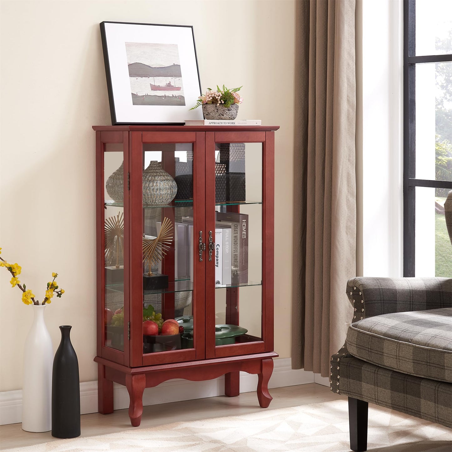 LKTART Curio Glass Display Cabinet,Storage Cabinet with Lights and Mirrored Back Panel,China Cabinet with Tempered Glass Doors and Shelves,Collectible Display Shelf,Included Bulb White