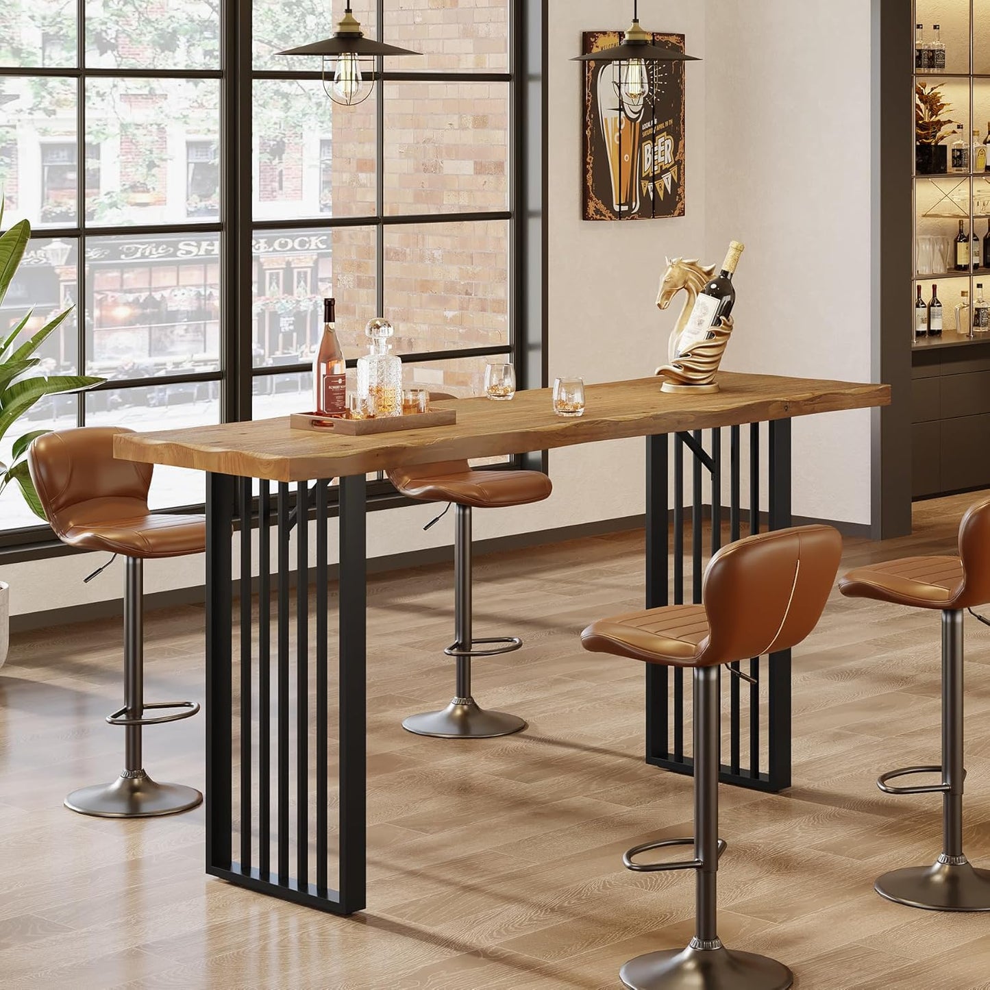 63-Inch Long Bar Table, Solid Wood Pub Table with Metal Legs, Industrial Rectangular High Top Bar Unit for Home Bar, Kitchen, Dining Room, Bistro