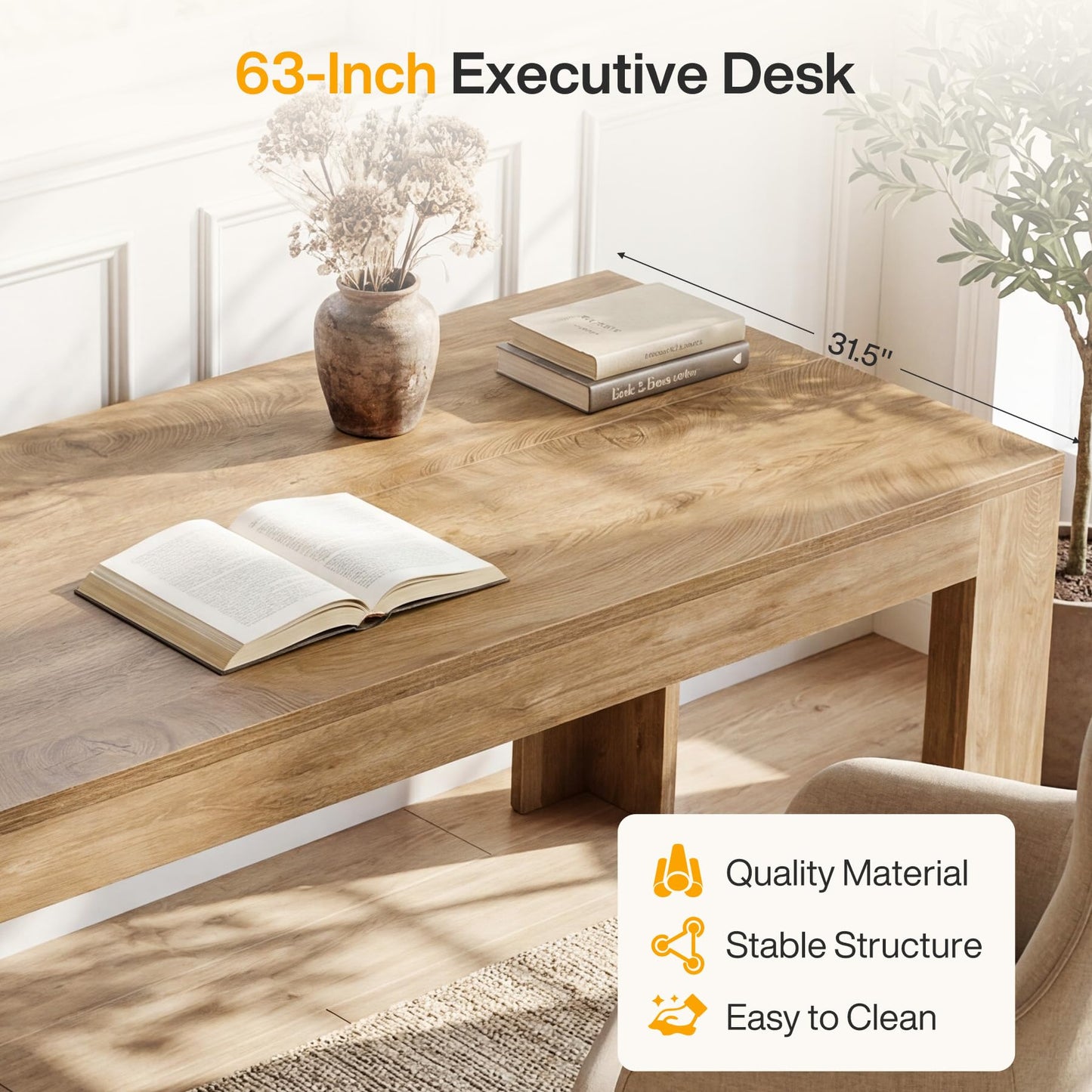 Tribesigns 63-Inch Office Desk, Modern Executive Desk with Large Tabletop, Wooden Computer Desk, Long Workstation for Home Office, Light Brown